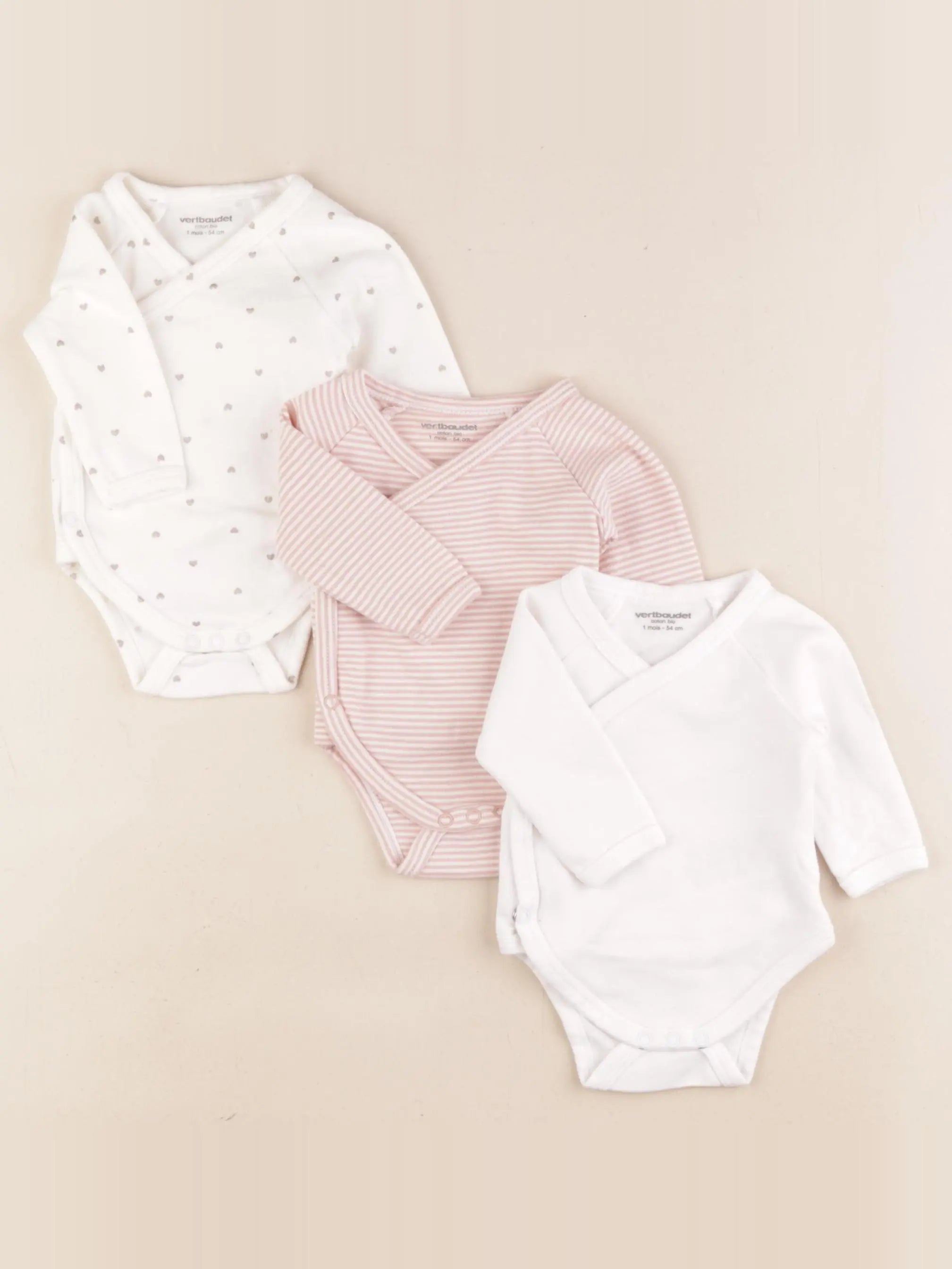 Vertbaudet - lot de 3 bodies en coton rose, beige - 1 mois
