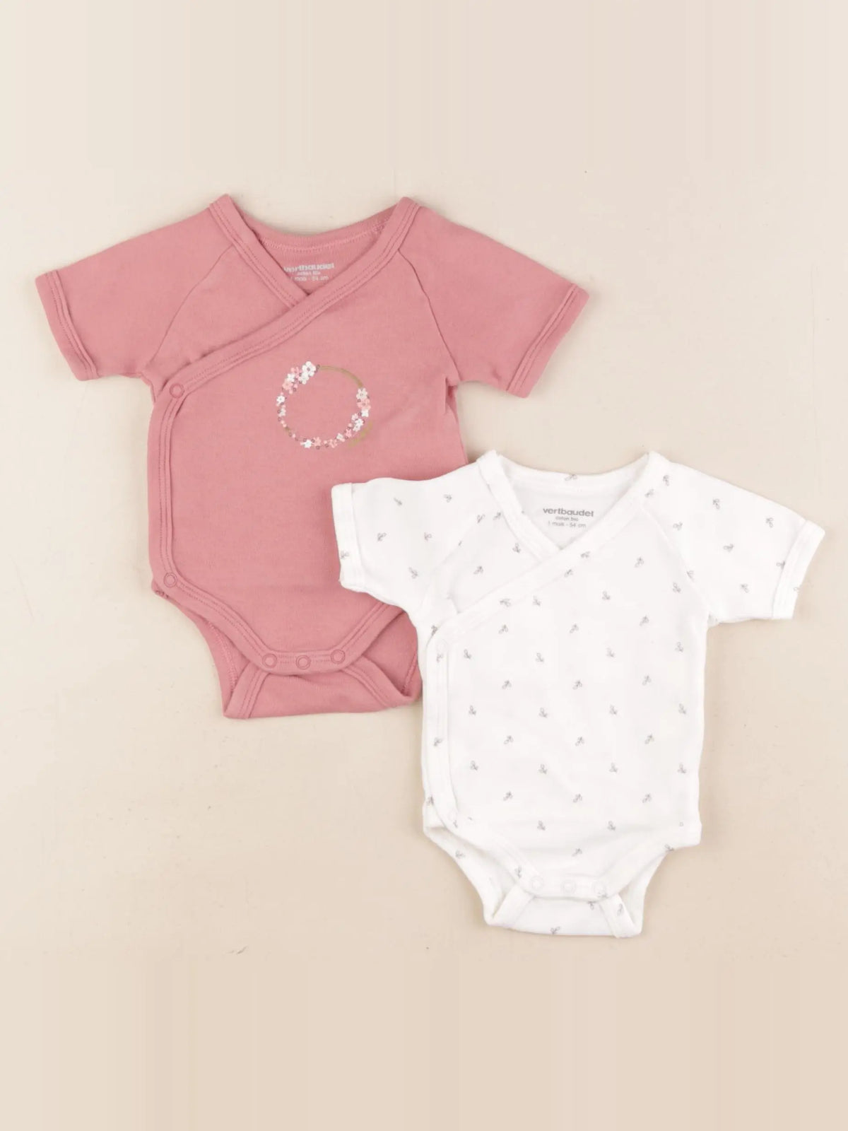 Vertbaudet - lot de 2 bodies en coton rose, beige - 1 mois