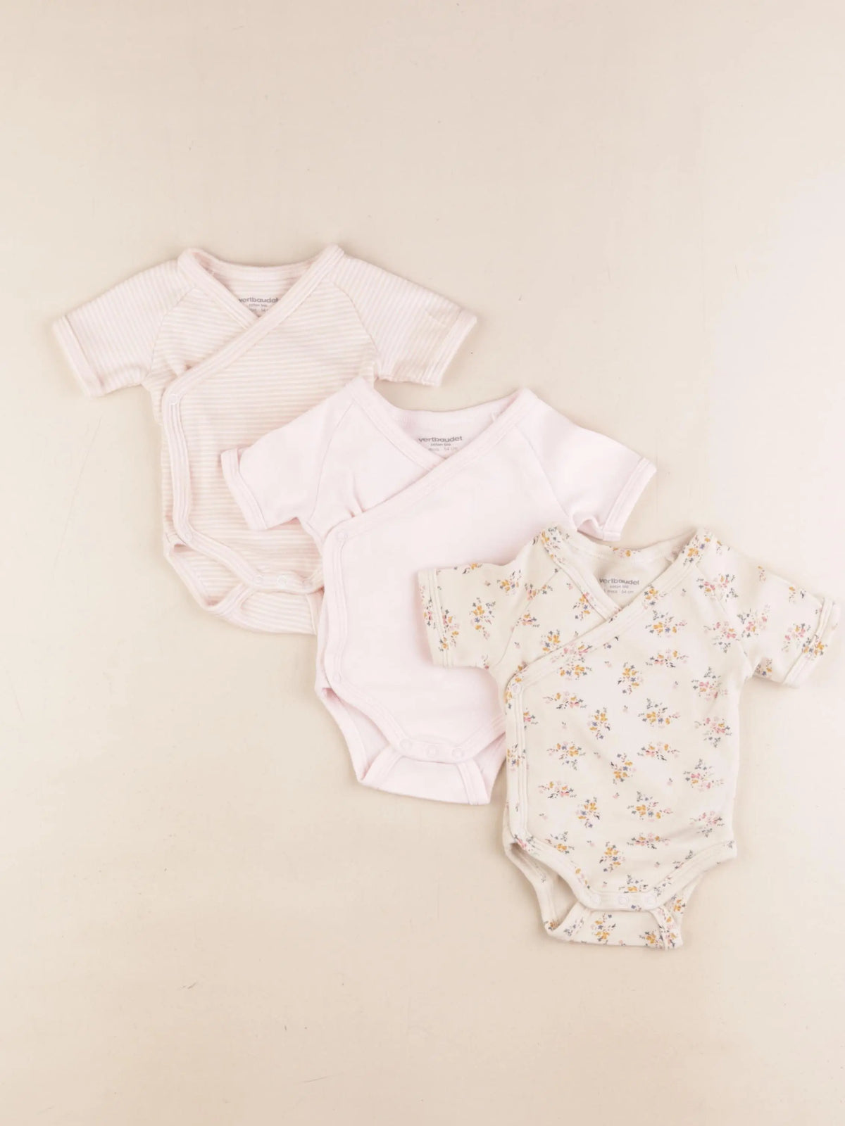 Vertbaudet - lot de 3 bodies en coton rose, beige - 1 mois