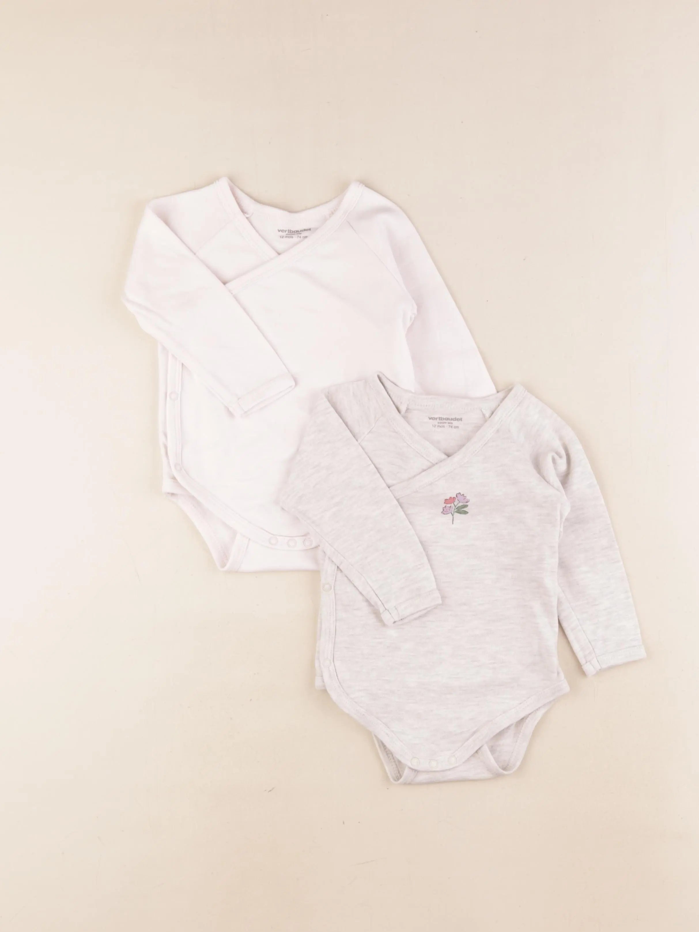 Vertbaudet - lot de 2 bodies en coton gris, rose - 12 mois