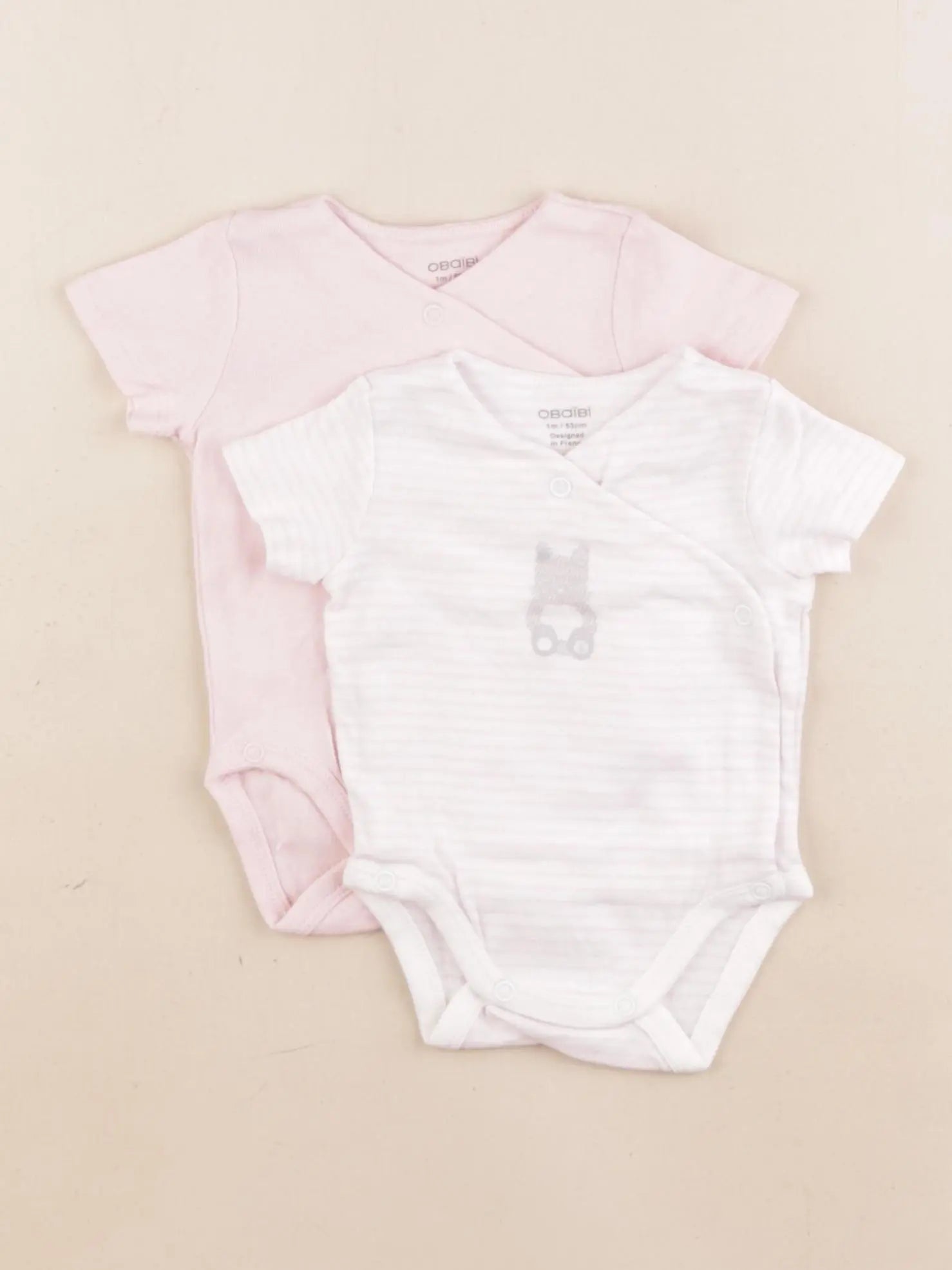 Obaïbi - lot de 2 bodies en coton rose, blanc - 1 mois
