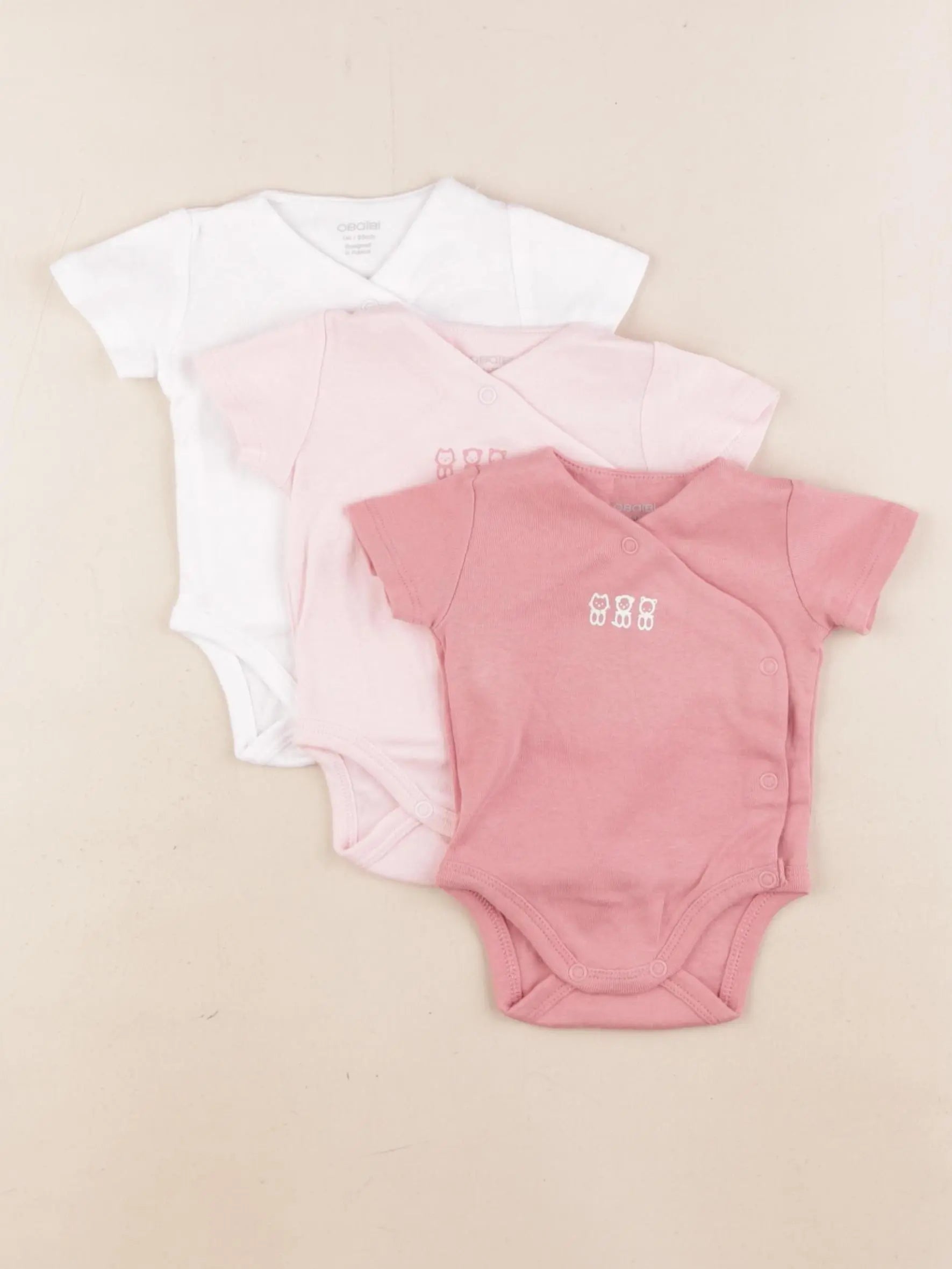 Obaïbi - lot de 3 bodies en coton rose, blanc - 1 mois