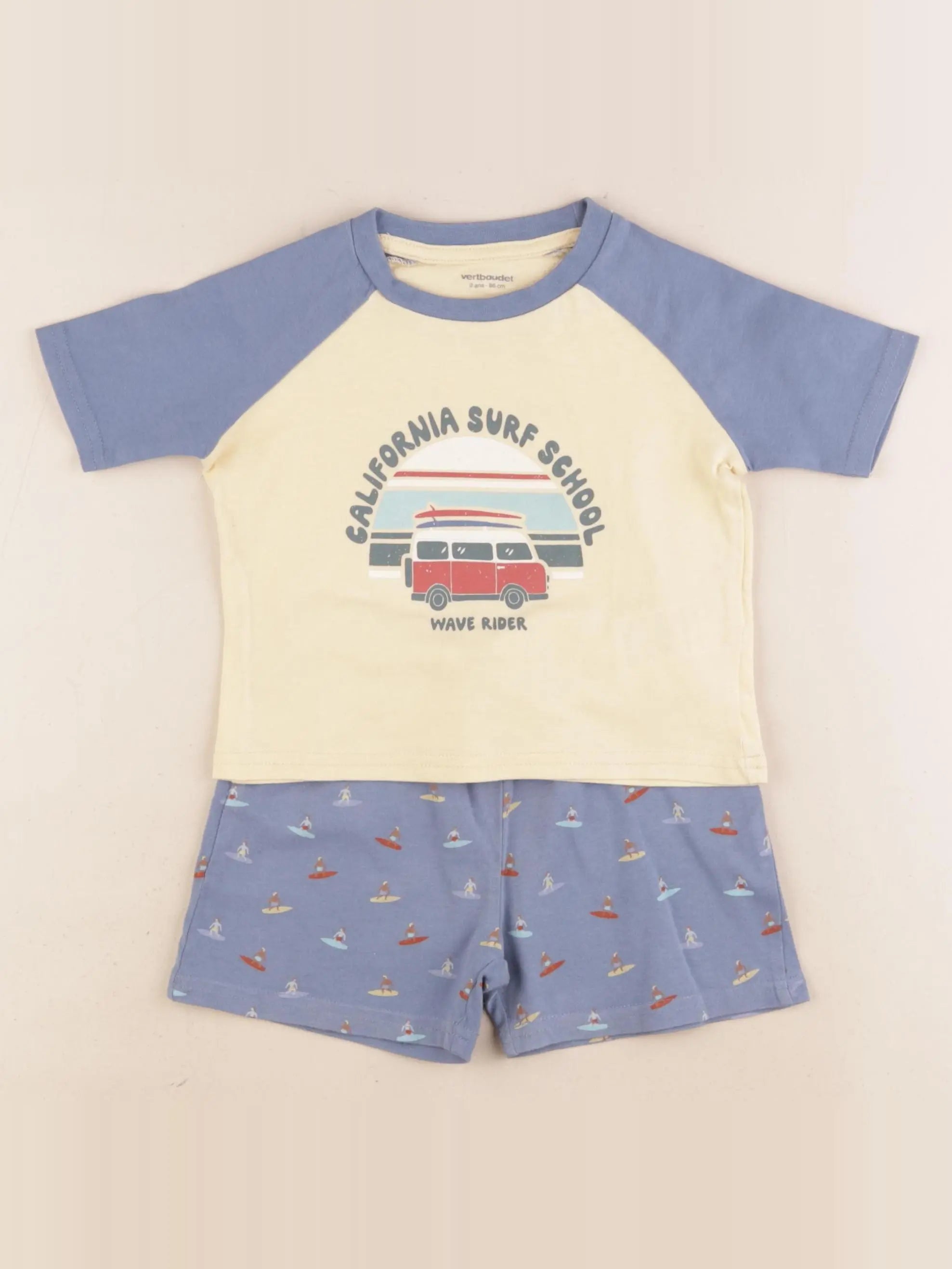 Vertbaudet - pyjama coton bleu, beige - 2 ans