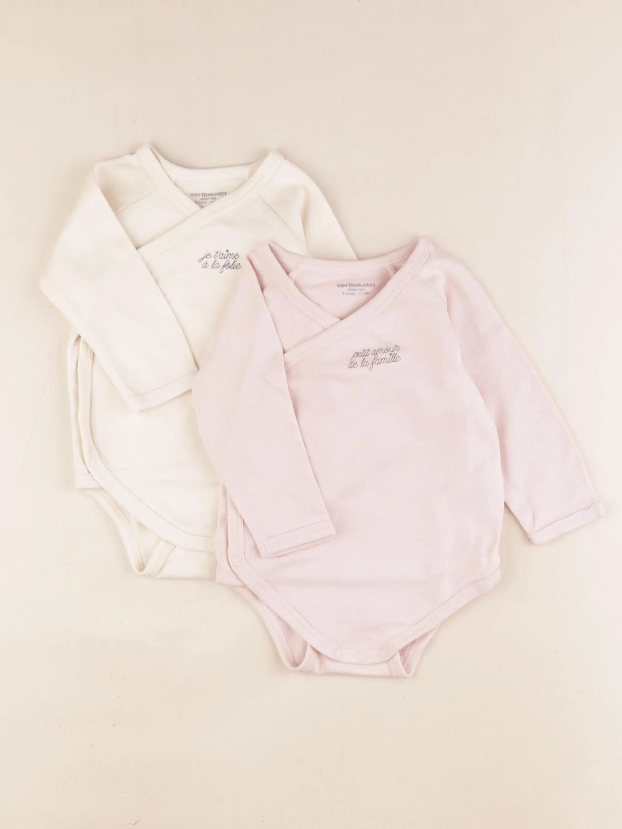 Vertbaudet - lot de 2 bodies en coton beige, rose - 9 mois