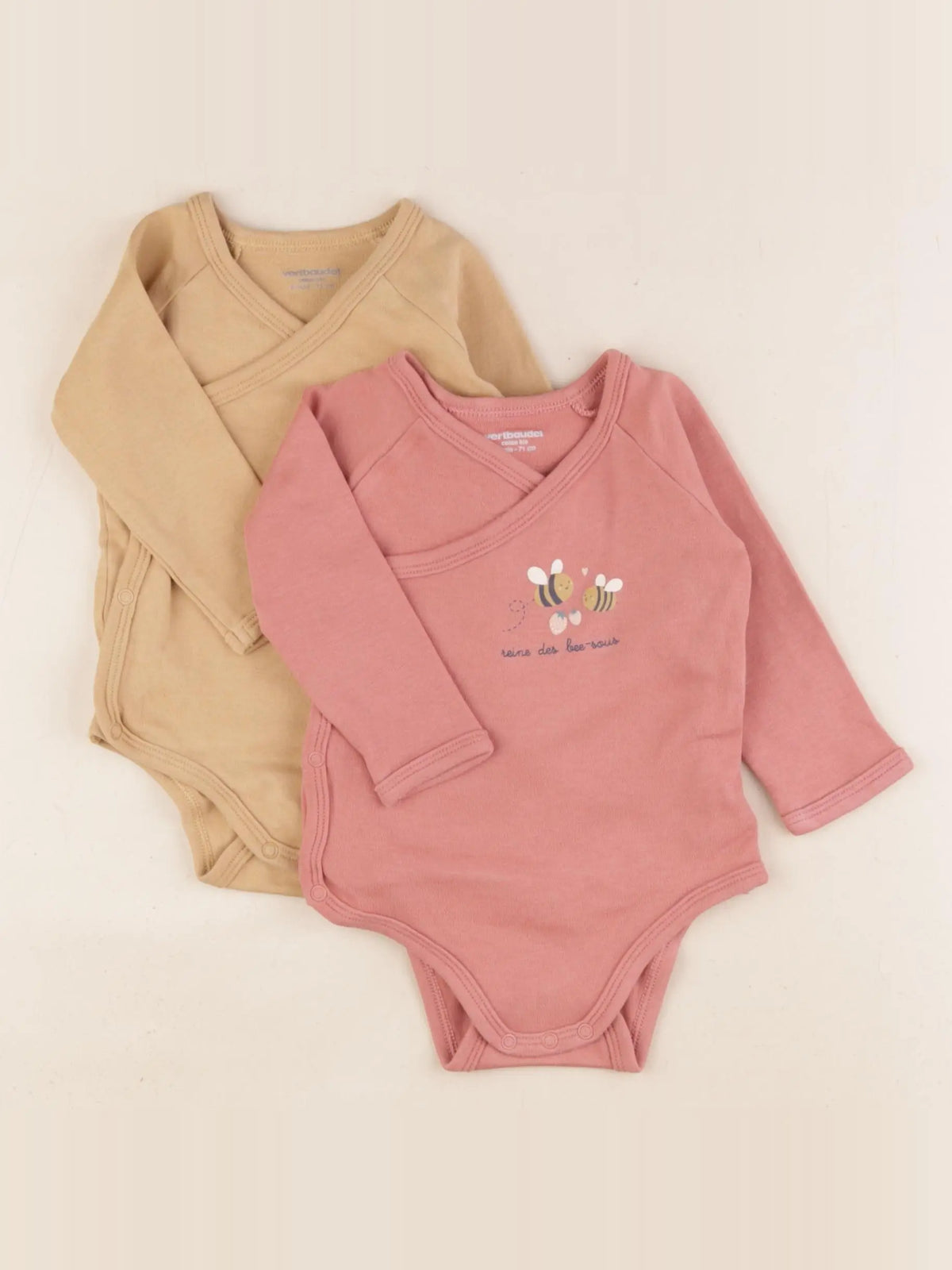 Vertbaudet - lot de 2 bodies en coton rose, marron - 9 mois