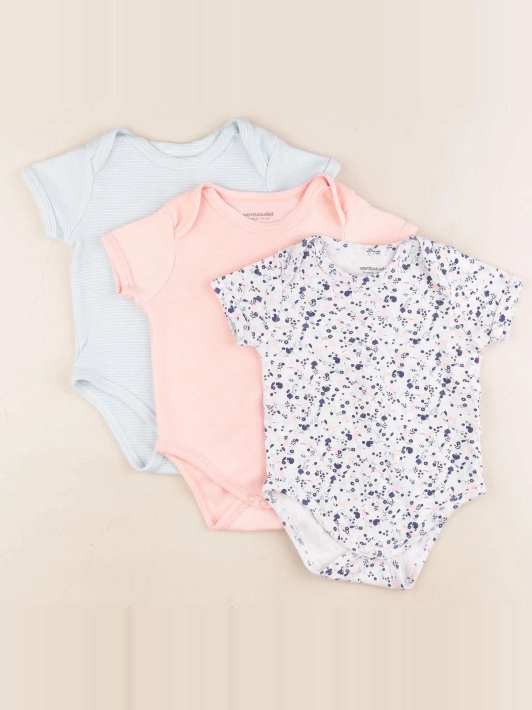 Vertbaudet - lot de 3 bodies en coton bleu, rose - 9 mois
