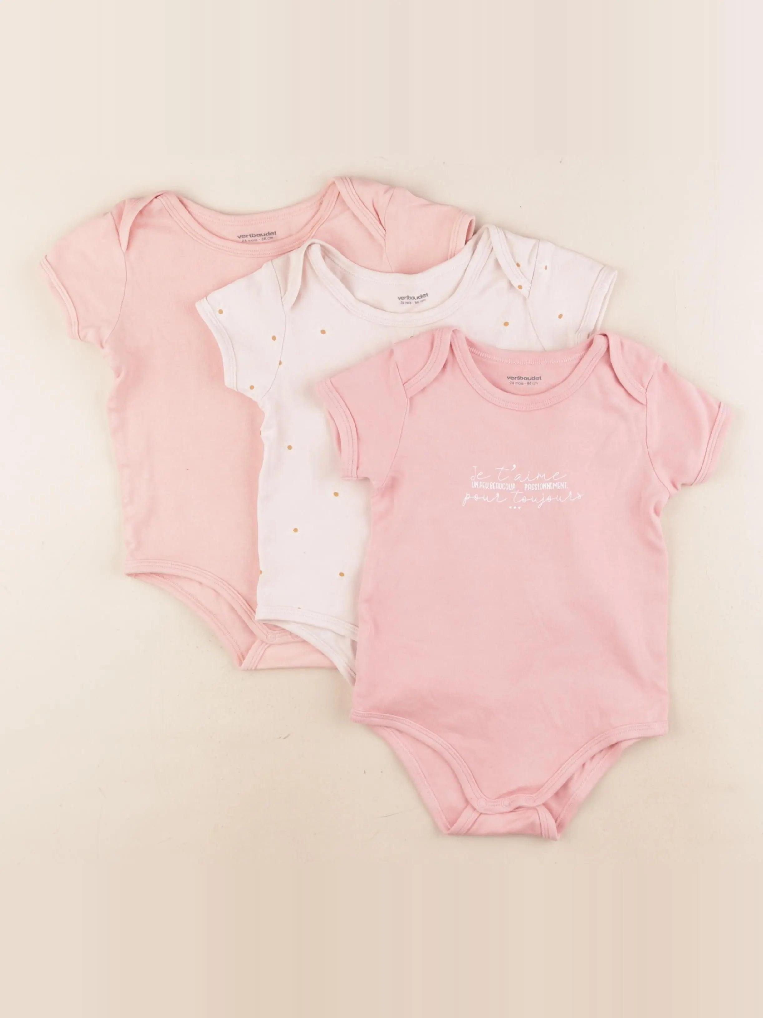 Vertbaudet - lot de 3 bodies en coton rose - 24 mois