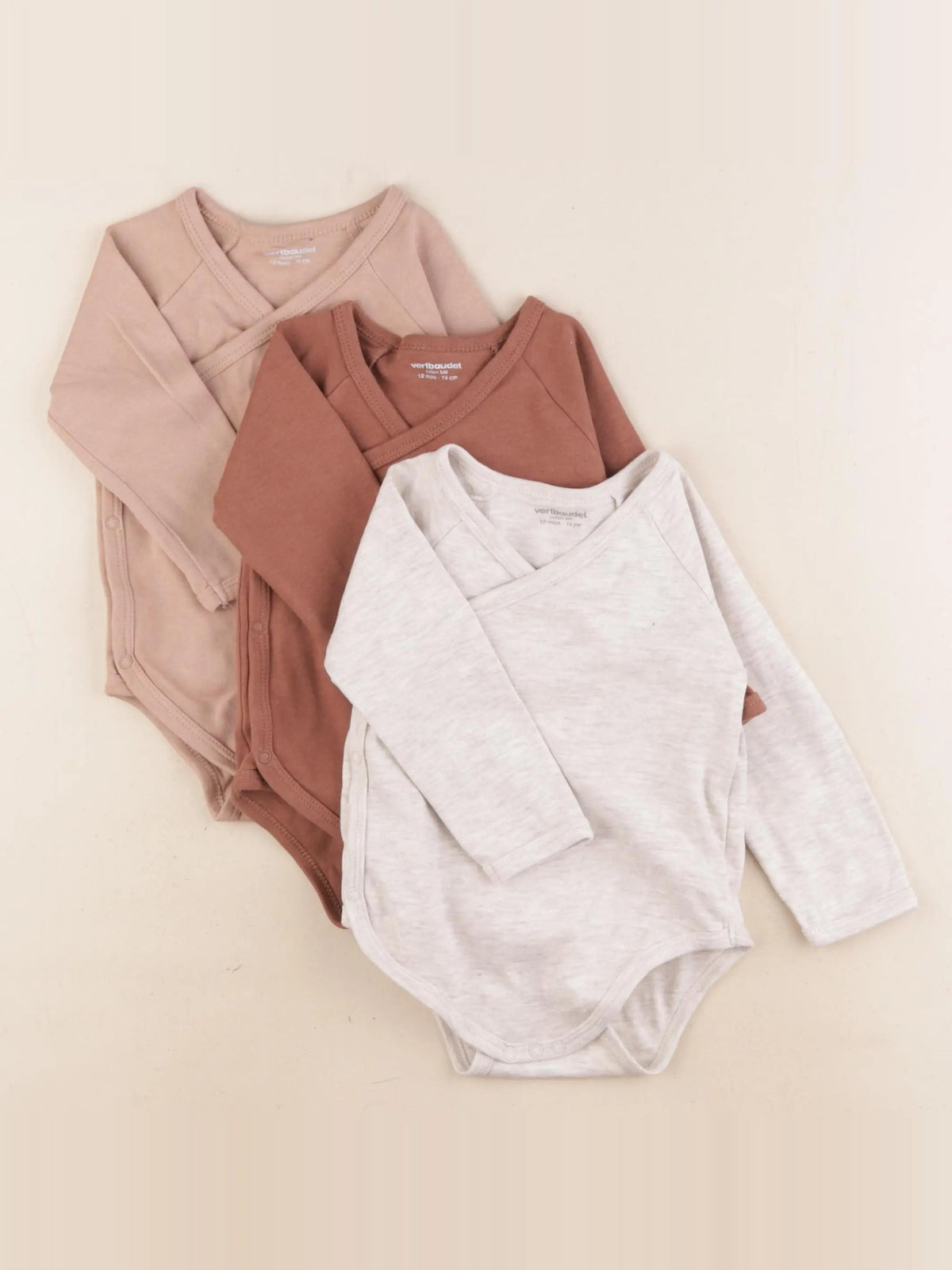 Vertbaudet - lot de 3 bodies en coton beige, marron - 12 mois