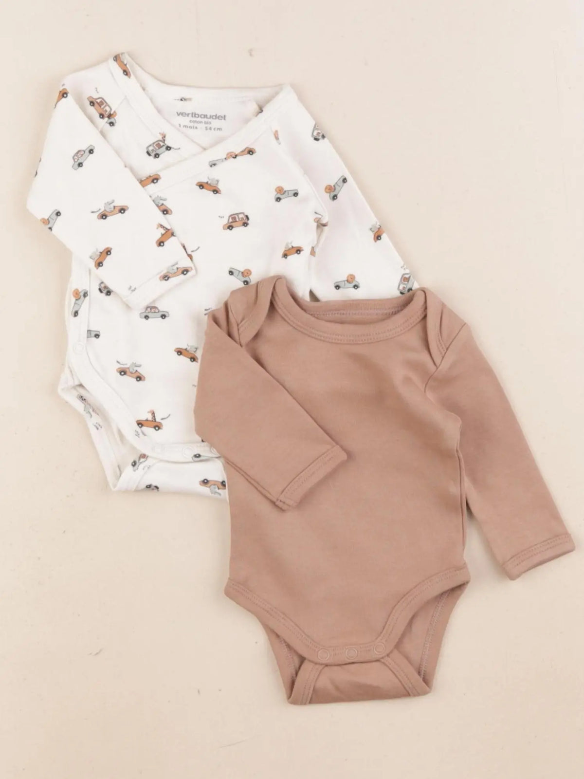 Vertbaudet - lot de 2 bodies en coton beige, marron - 1 mois