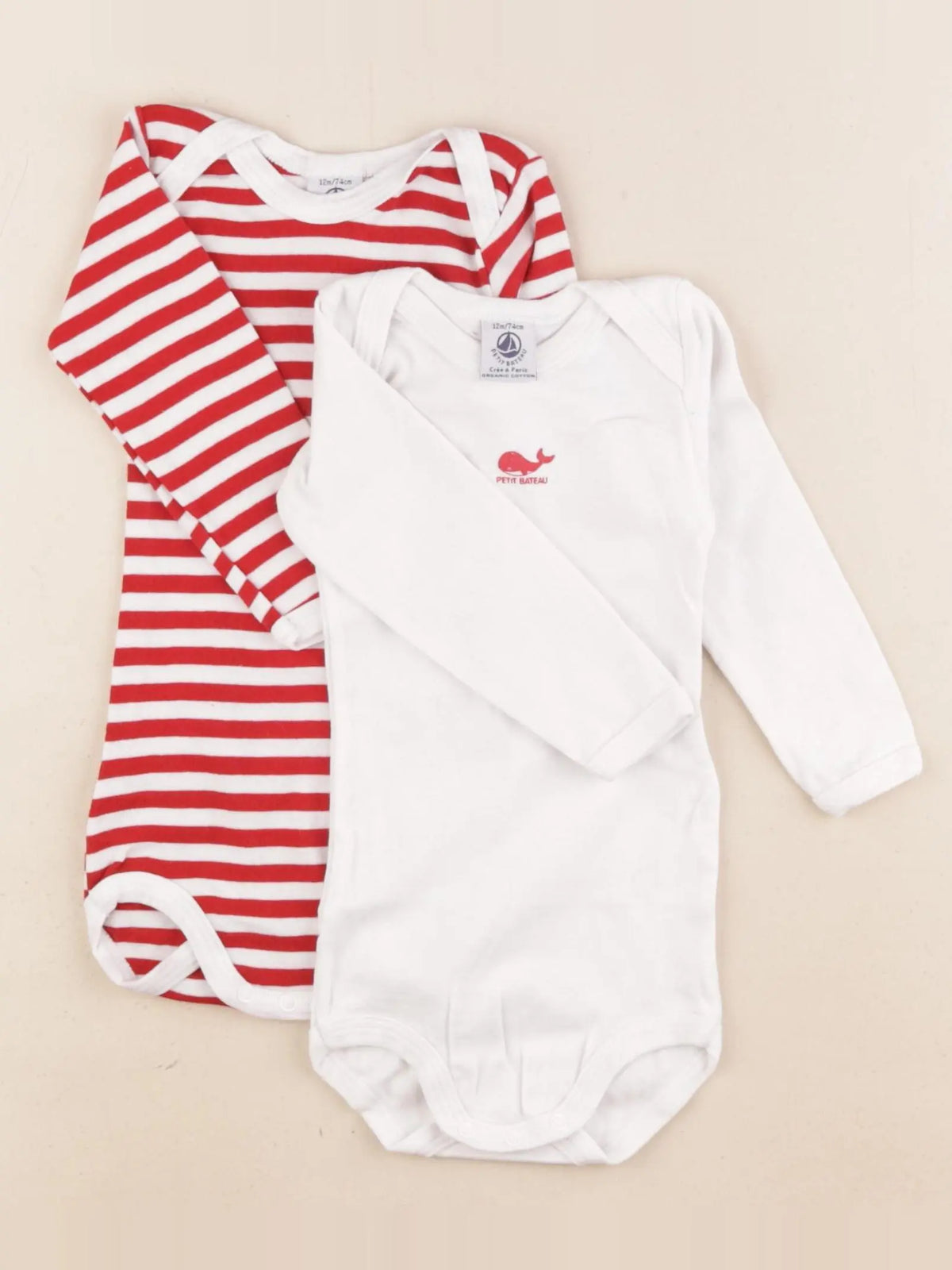 Petit Bateau - lot de 2 bodies en coton rouge, blanc - 12 mois
