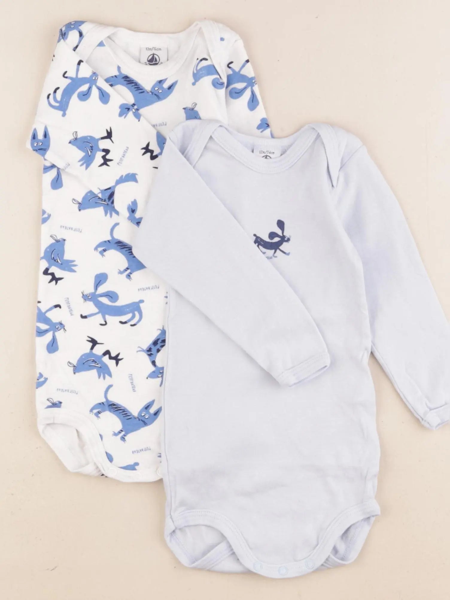 Petit Bateau - lot de 2 bodies en coton blanc, bleu - 12 mois