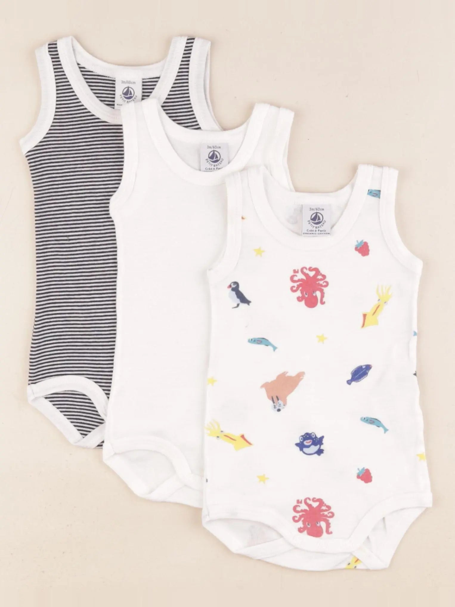 Petit Bateau - lot de 3 bodies en coton blanc, bleu - 3 mois