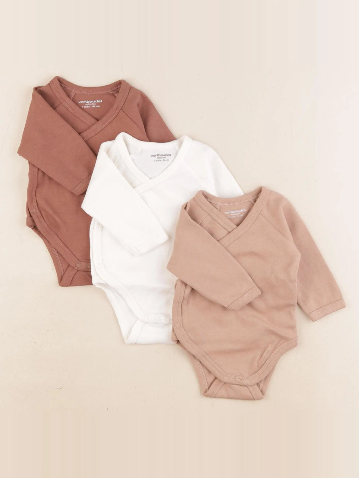 Vertbaudet - lot de 3 bodies en coton marron - 1 mois