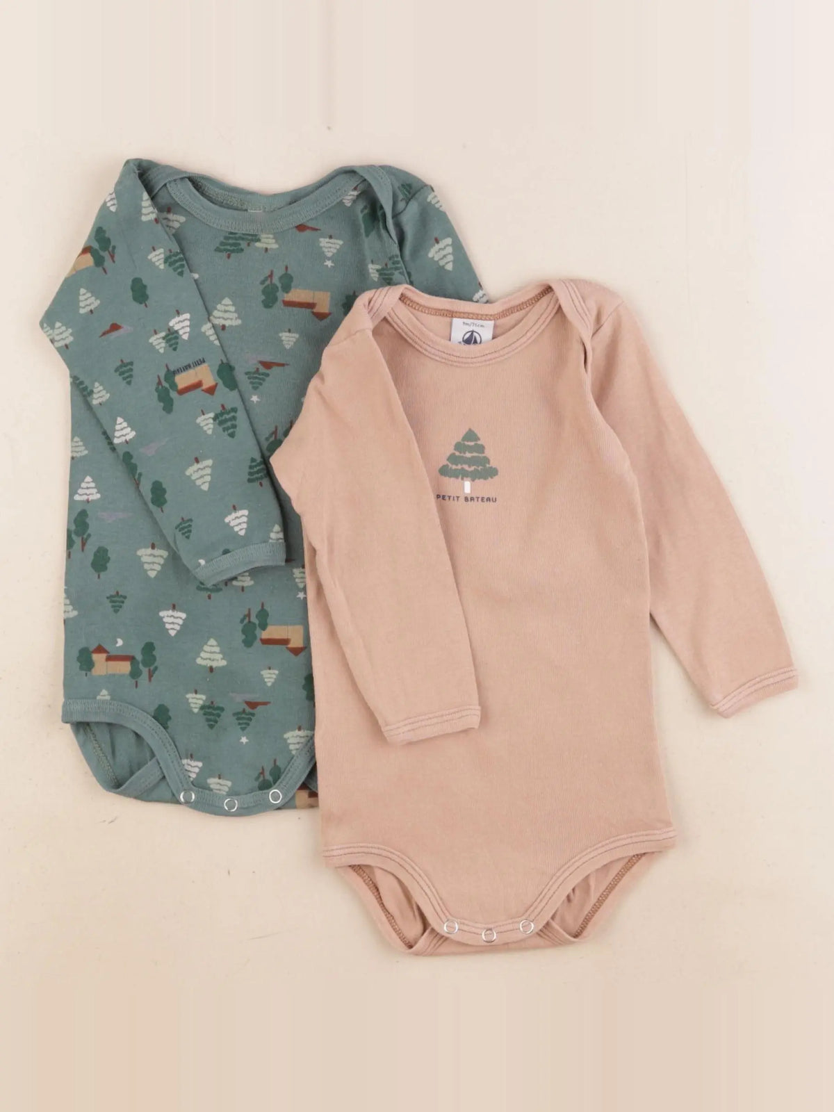Petit Bateau - lot de 2 bodies en coton beige, vert - 9 mois