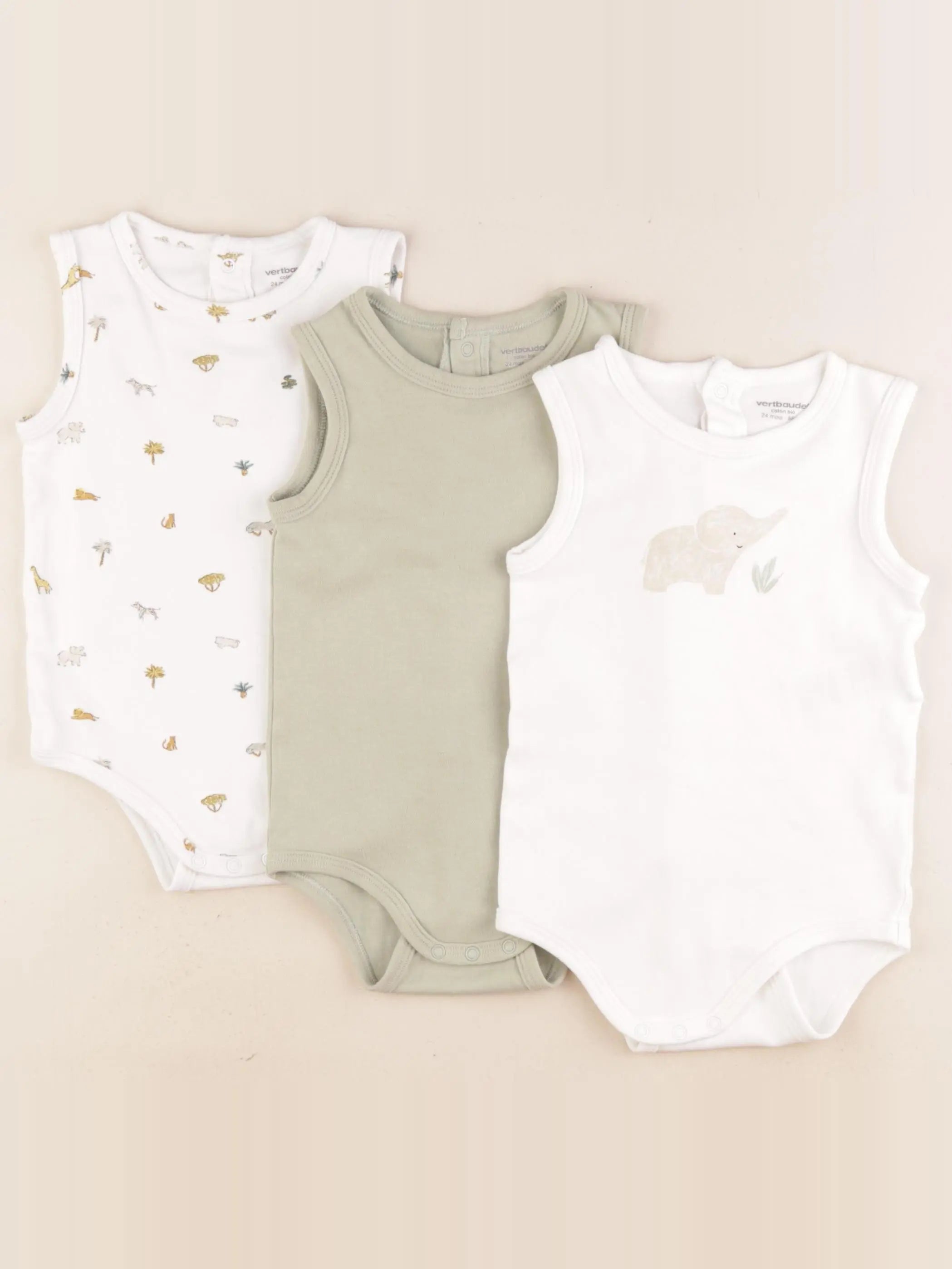 Vertbaudet - lot de 3 bodies en coton beige, vert, blanc - 24 mois