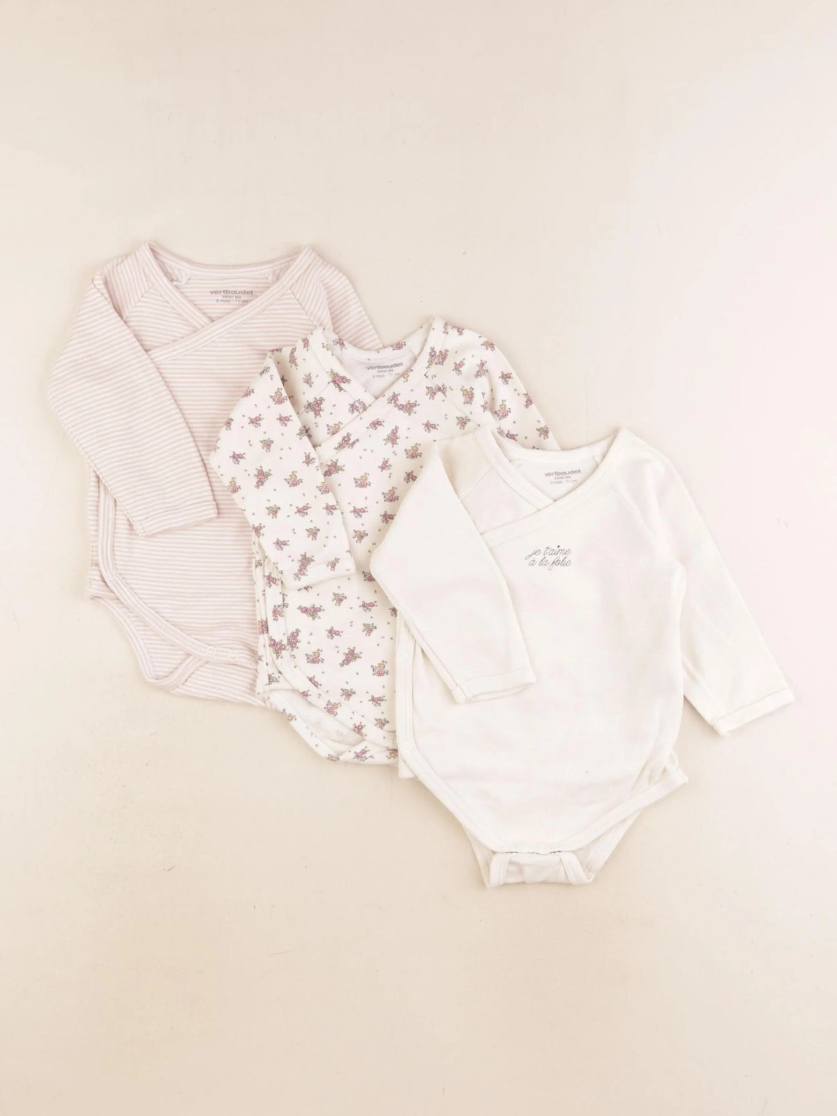 Vertbaudet - lot de 3 bodies en coton rose, beige - 9 mois