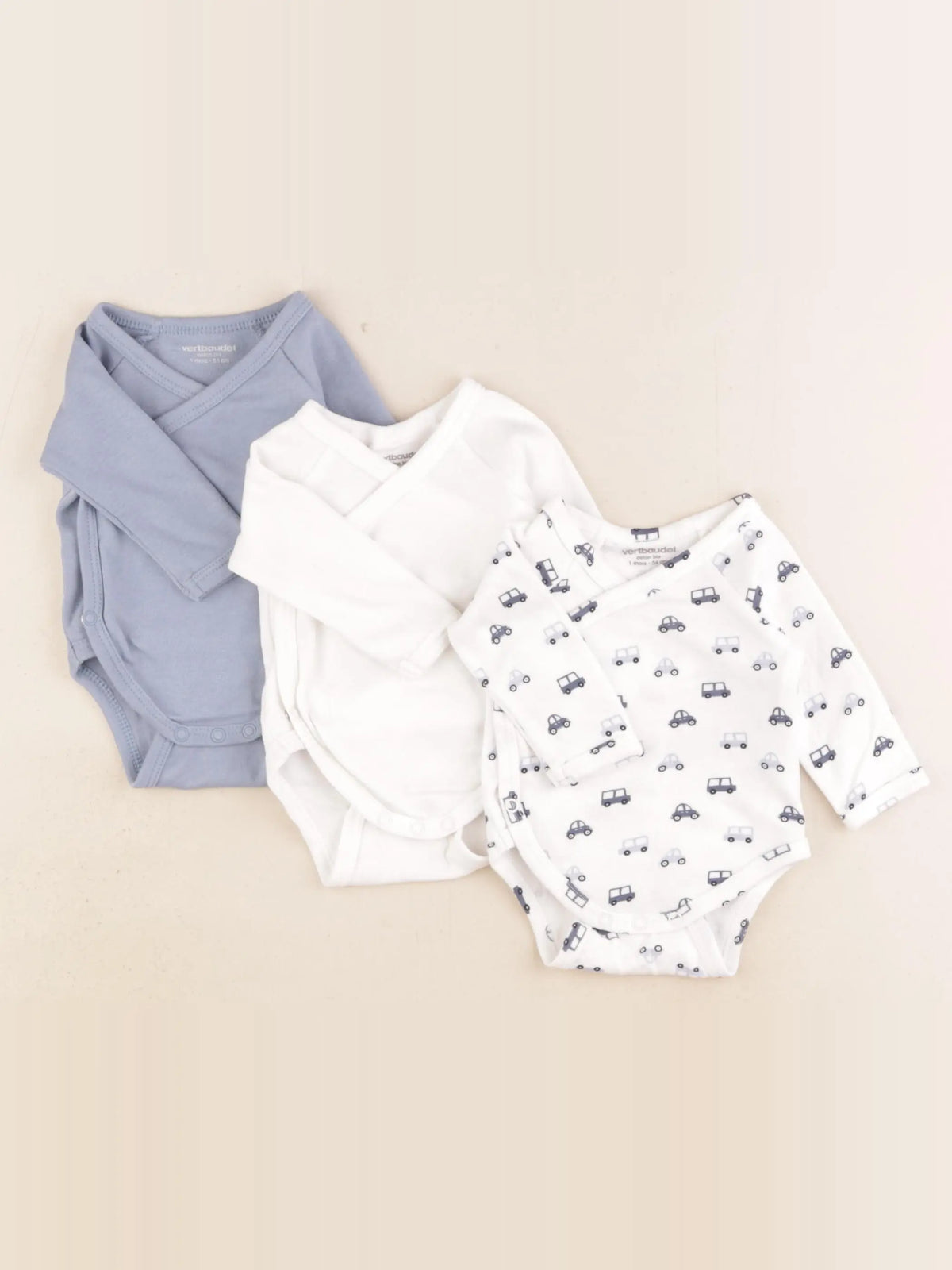 Vertbaudet - lot de 3 bodies en coton blanc, bleu - 1 mois