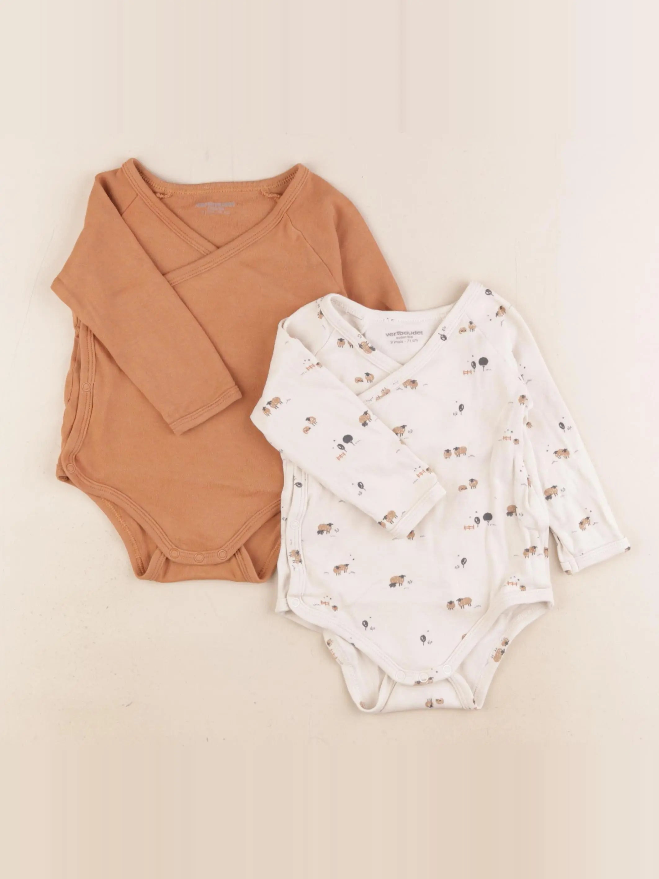 Vertbaudet - lot de 2 bodies en coton marron, beige - 9 mois