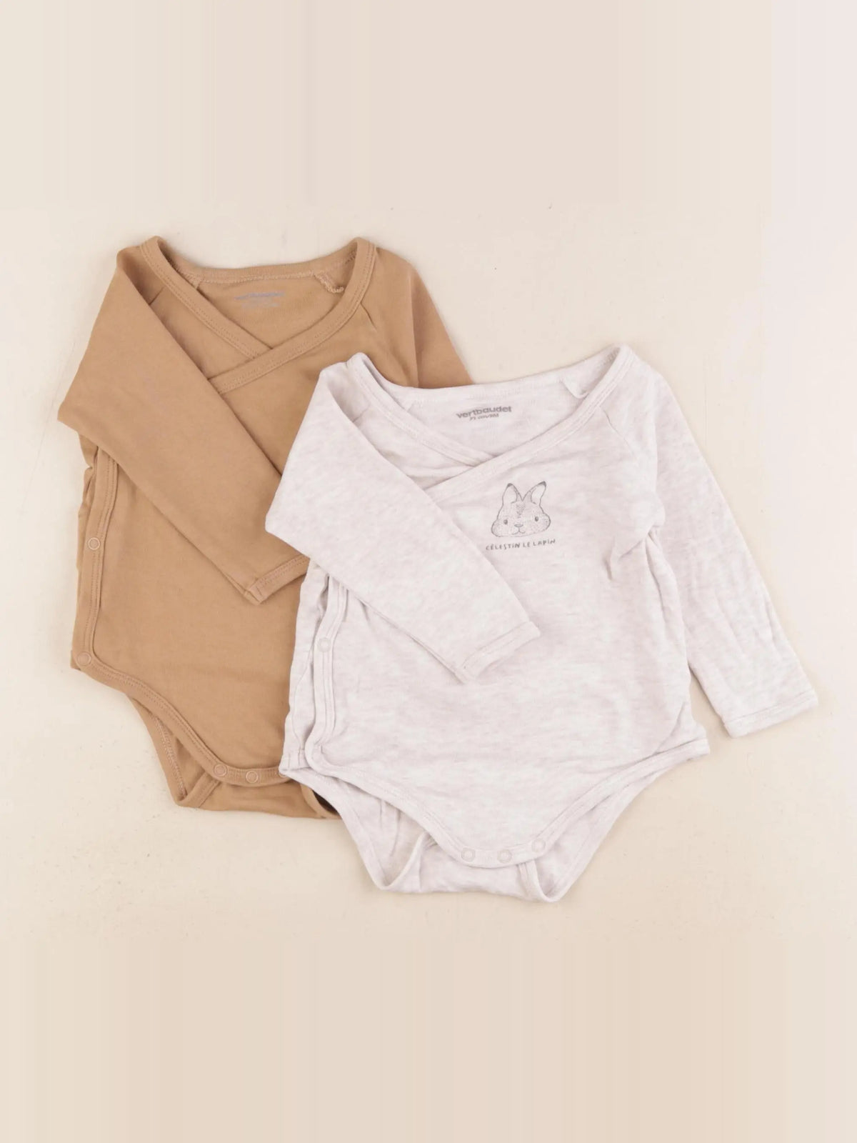 Vertbaudet - lot de 2 bodies en coton marron, beige - 9 mois