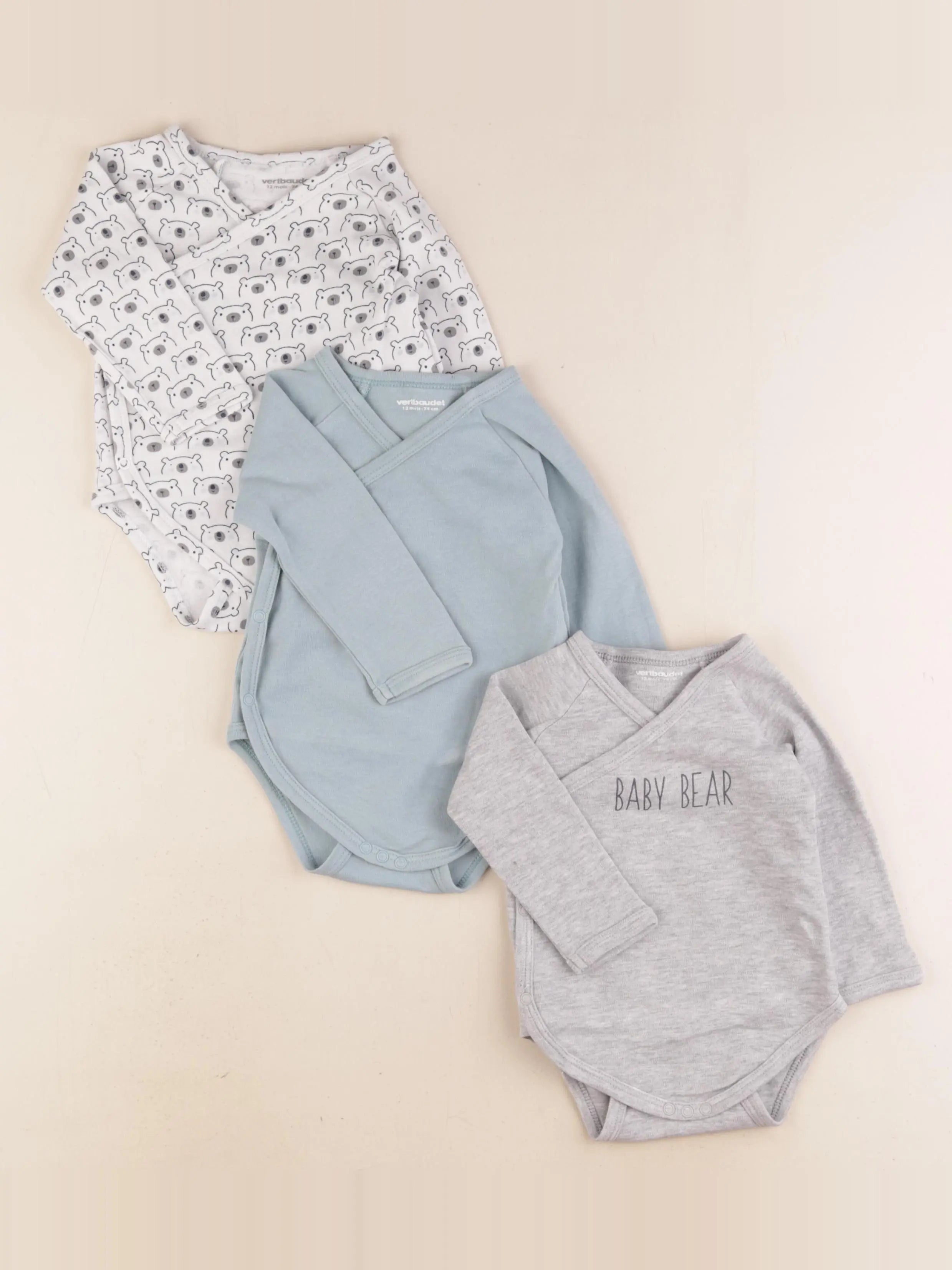 Vertbaudet - lot de 3 bodies en coton bleu, gris - 12 mois