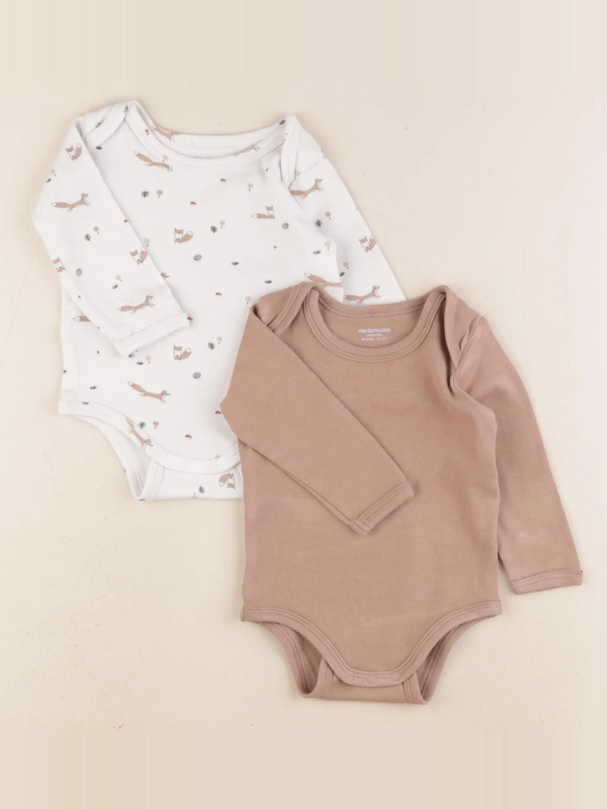 Vertbaudet - lot de 2 bodies en coton blanc, marron - 9 mois
