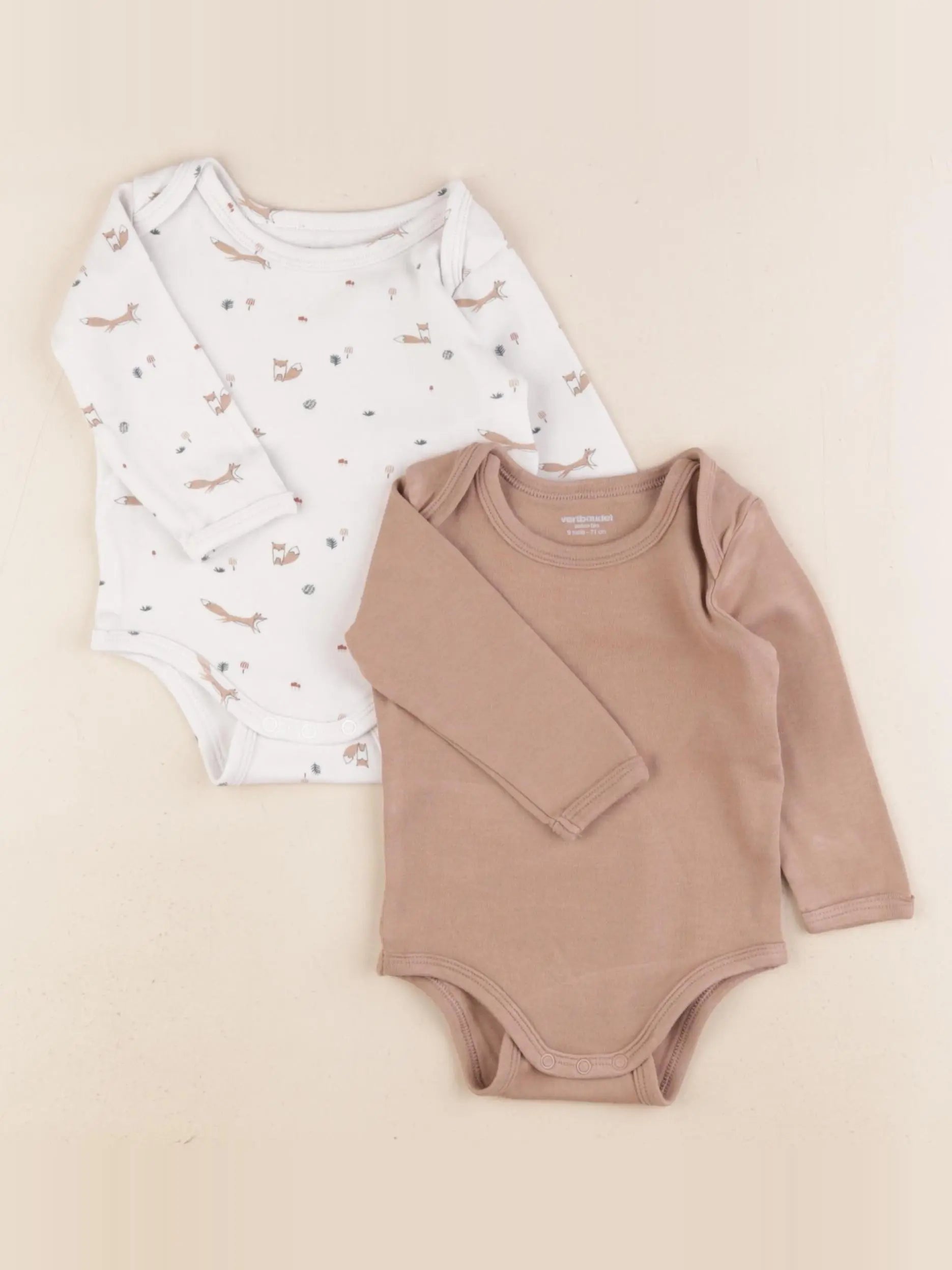Vertbaudet - lot de 2 bodies en coton blanc, marron - 9 mois
