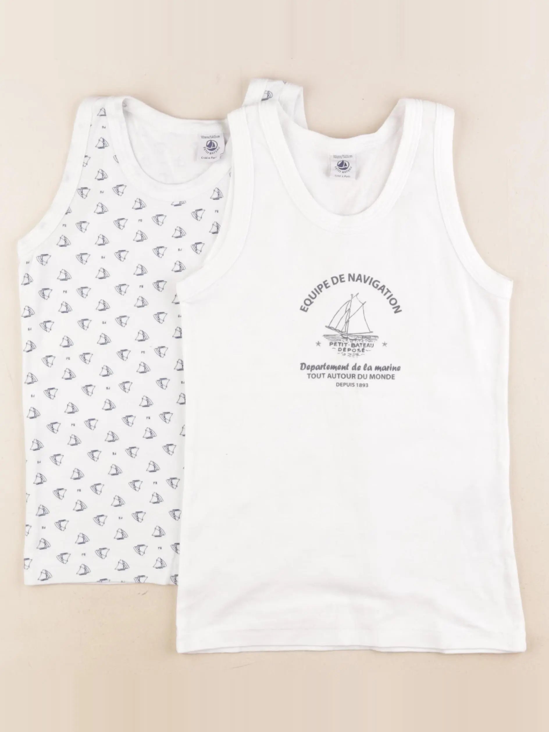 Petit Bateau - lot de 2 maillots de corps blanc, bleu - 10 ans