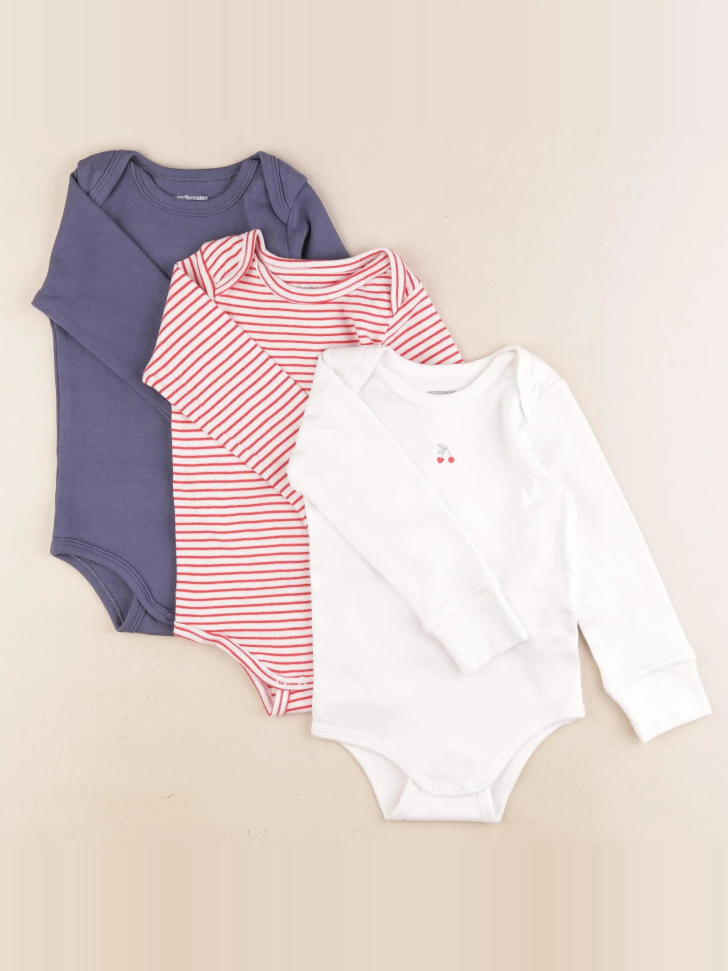 Vertbaudet - lot de 3 bodies en coton blanc, bleu, rouge - 18 mois