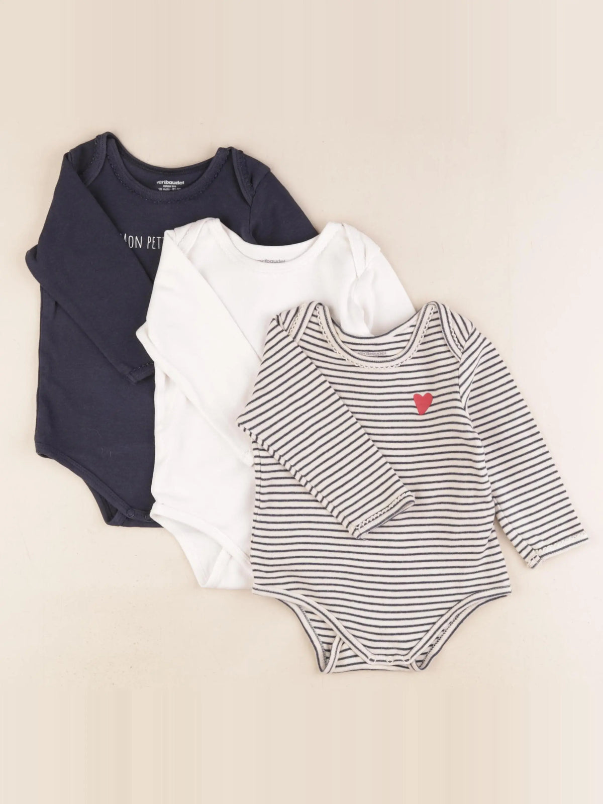 Vertbaudet - lot de 3 bodies en coton bleu, beige, blanc - 18 mois