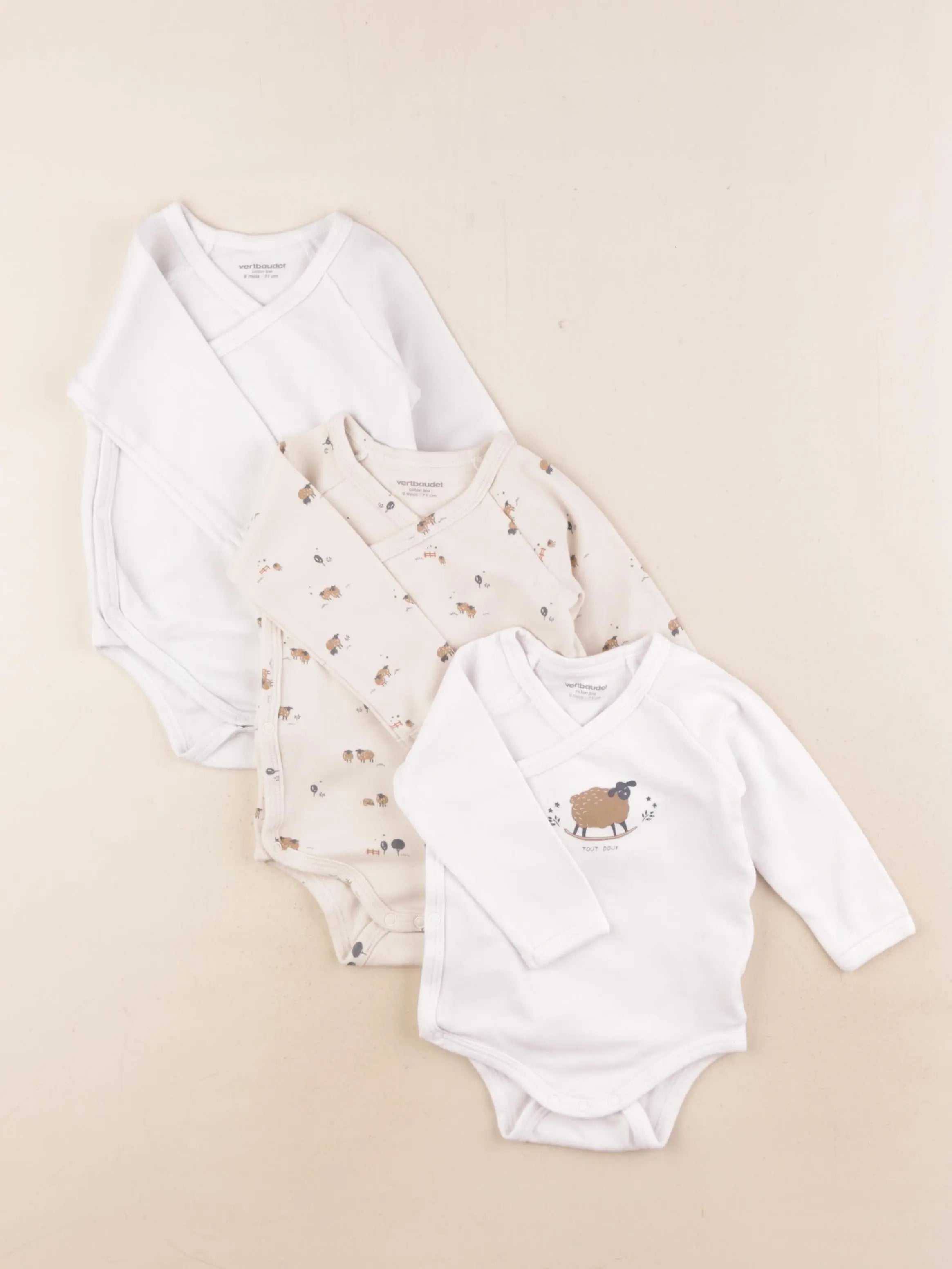 Vertbaudet - lot de 3 bodies en coton beige - 9 mois