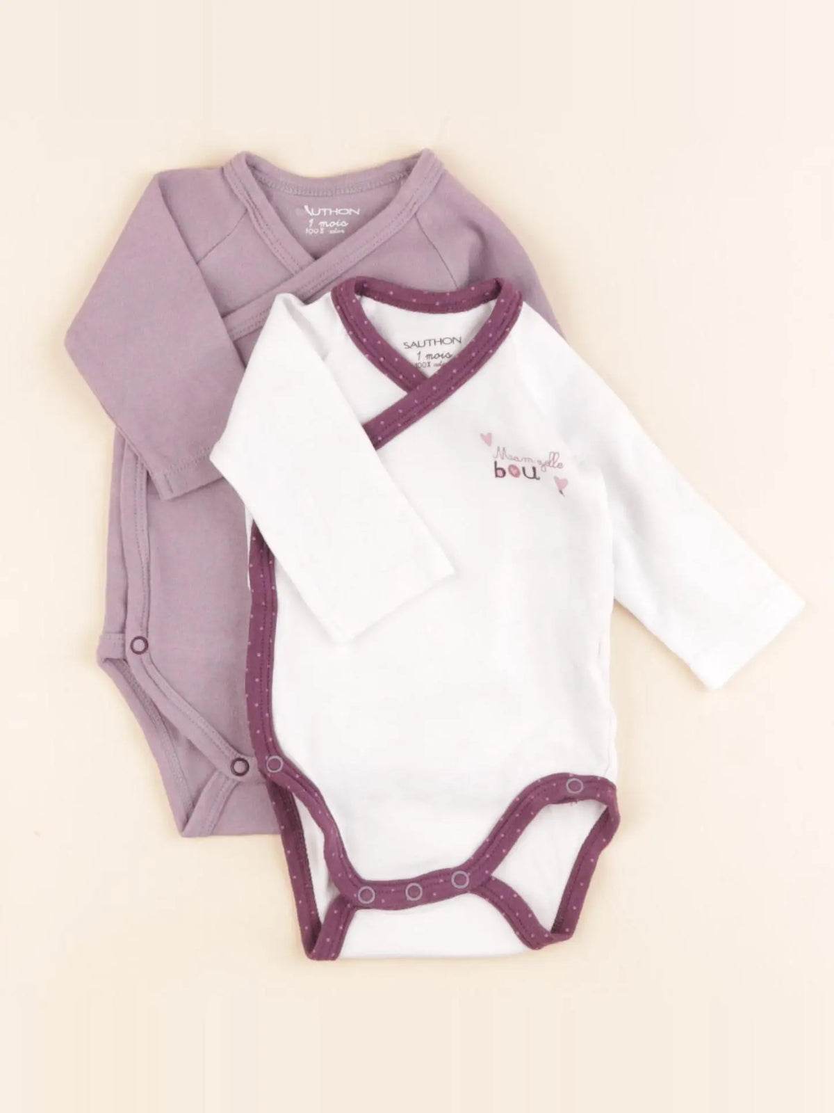 Sauthon - lot de 2 bodies en coton violet - 1 mois