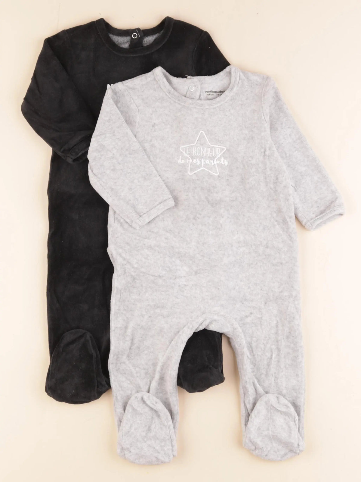 Vertbaudet - lot de 2 pyjamas velours gris, noir - 9 mois