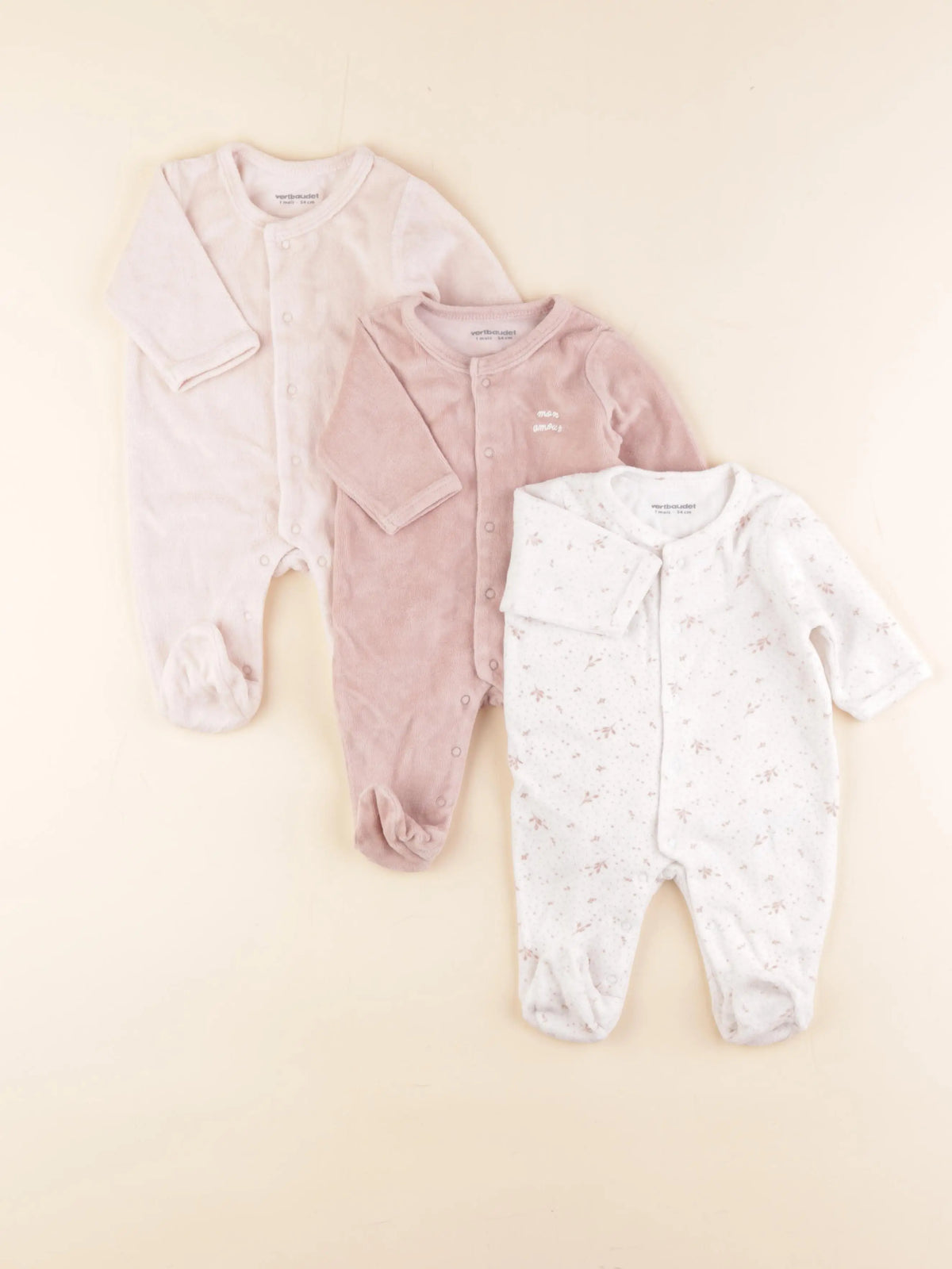 Vertbaudet - lot de 3 pyjamas velours blanc, rose - 1 mois