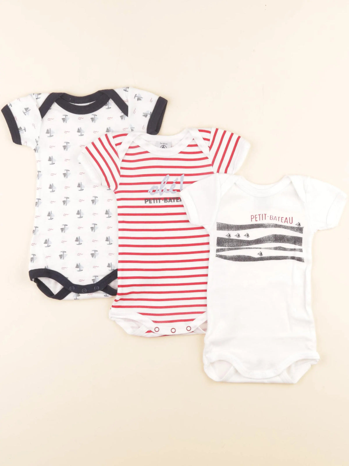 Petit Bateau - lot de 3 bodies en coton blanc, bleu, rouge - 3 mois