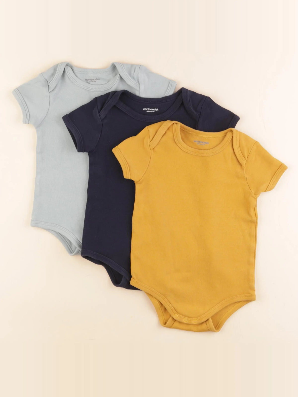 Vertbaudet - lot de 3 bodies en coton bleu, jaune - 2 ans