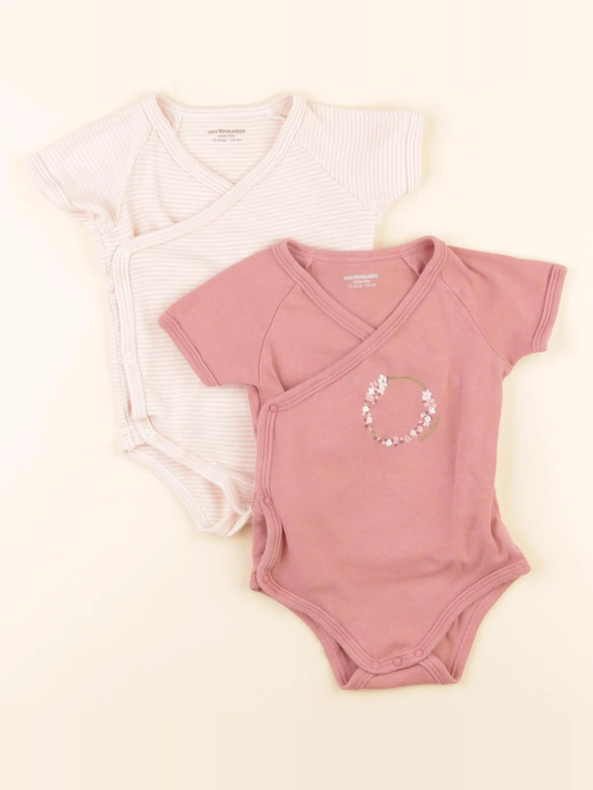 Vertbaudet - lot de 2 bodies en coton rose - 12 mois