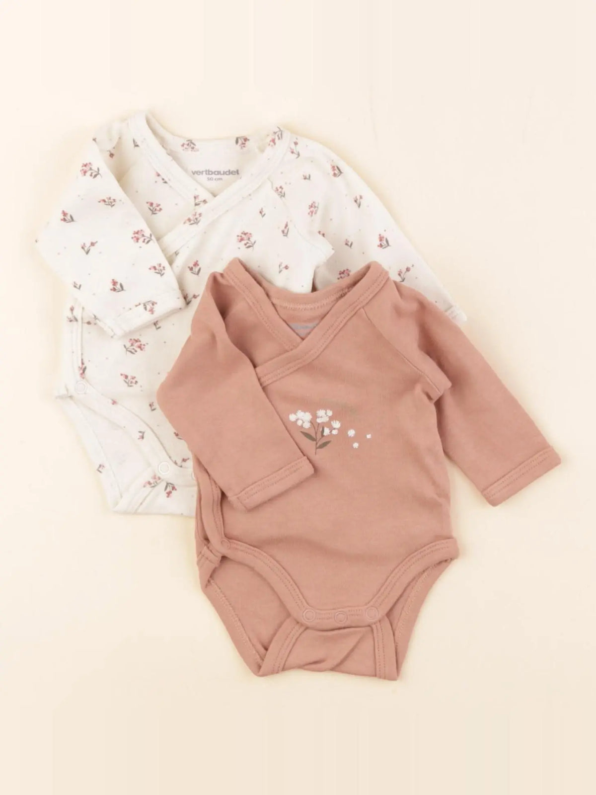Vertbaudet - lot de 2 bodies en coton marron, beige - 0 mois