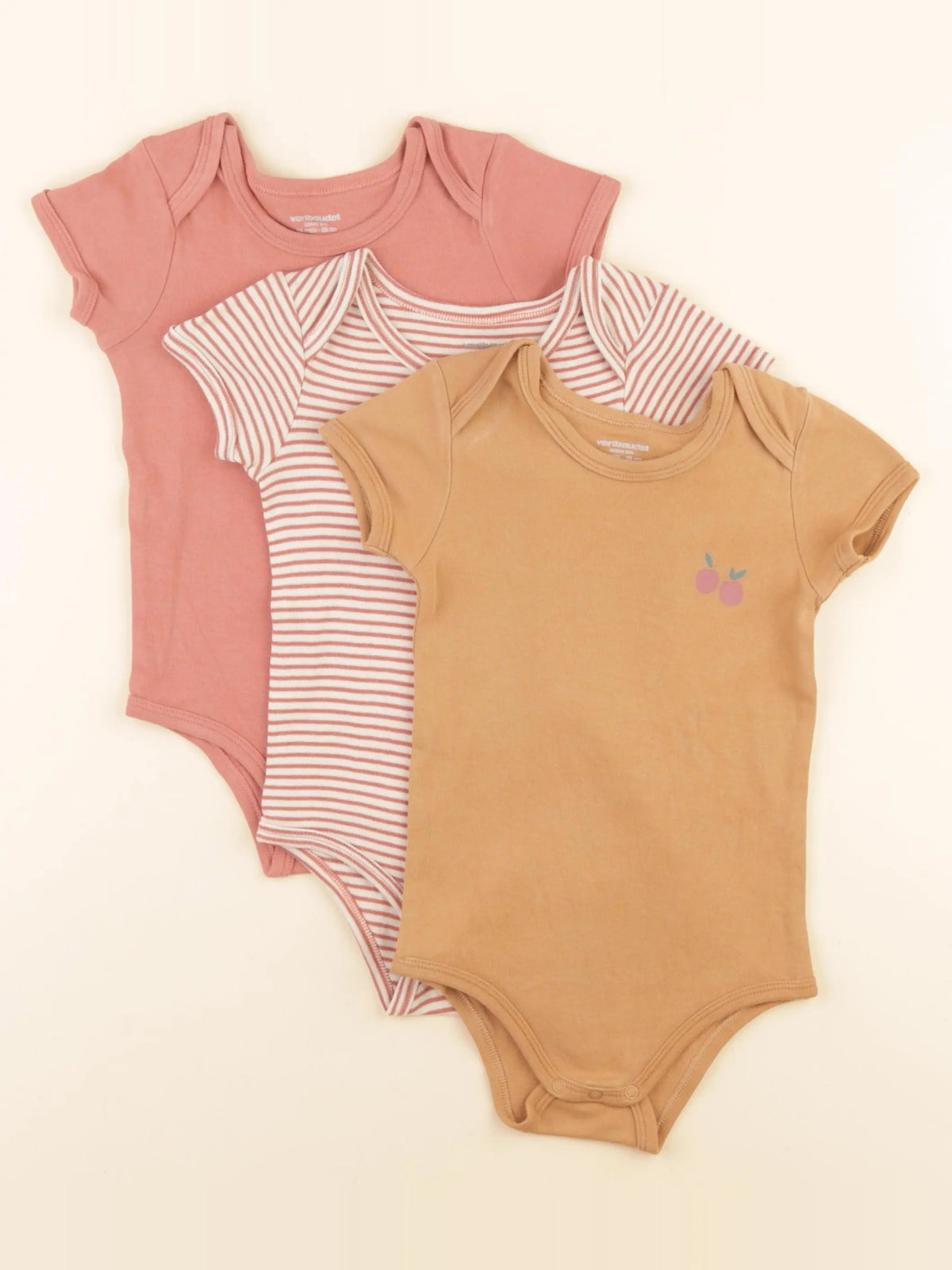 Vertbaudet - lot de 3 bodies en coton rose, marron - 24 mois