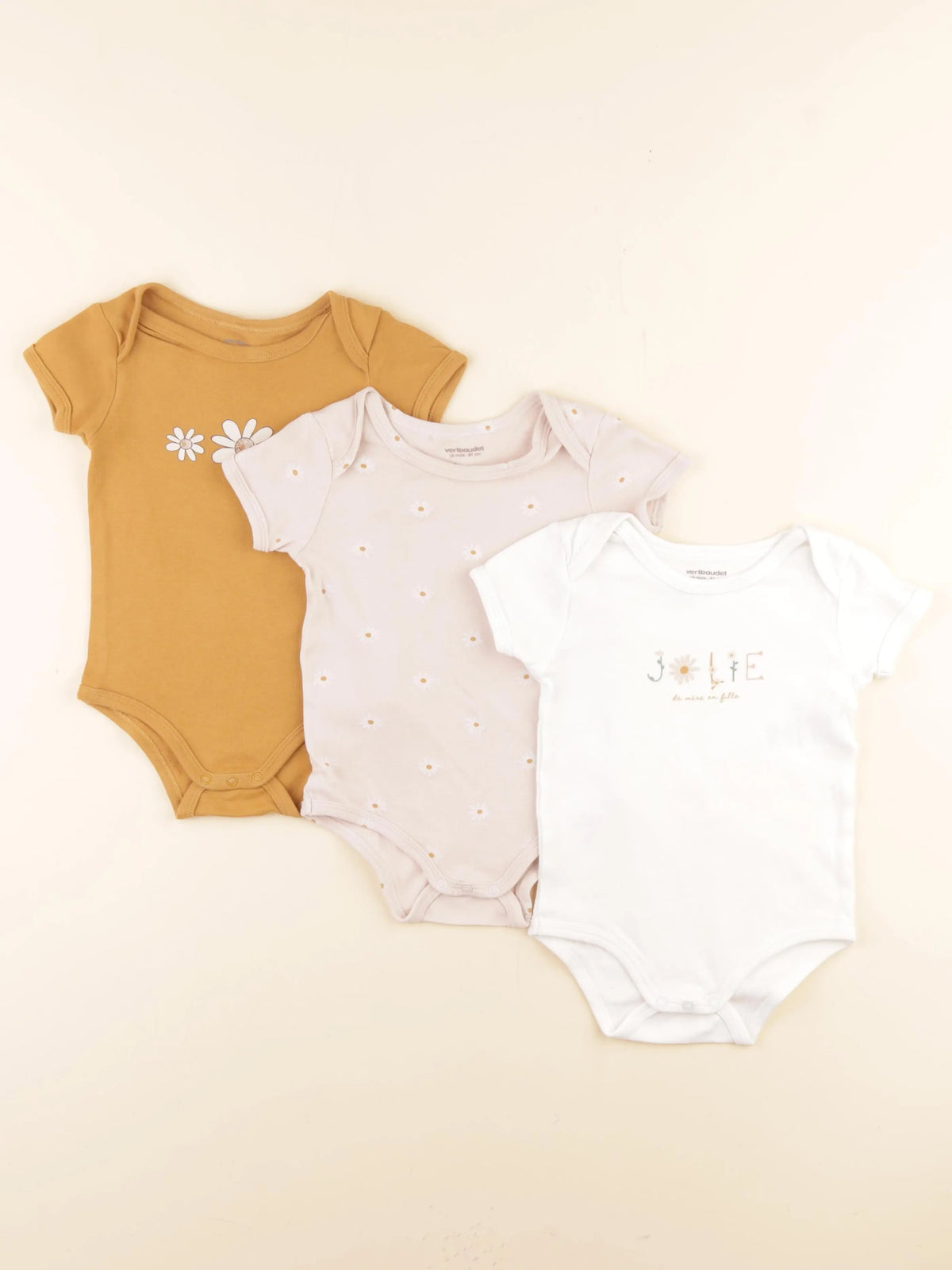 Vertbaudet - lot de 3 bodies en coton rose, blanc, jaune - 18 mois