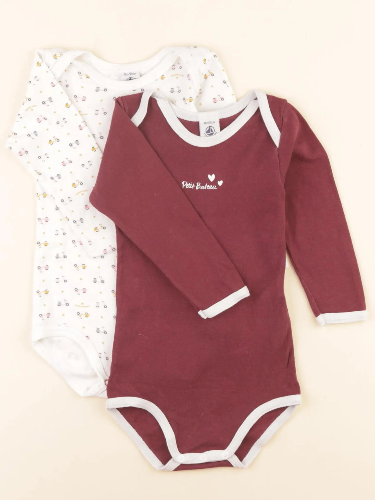 Petit Bateau - lot de 2 bodies en coton rouge, blanc - 18 mois