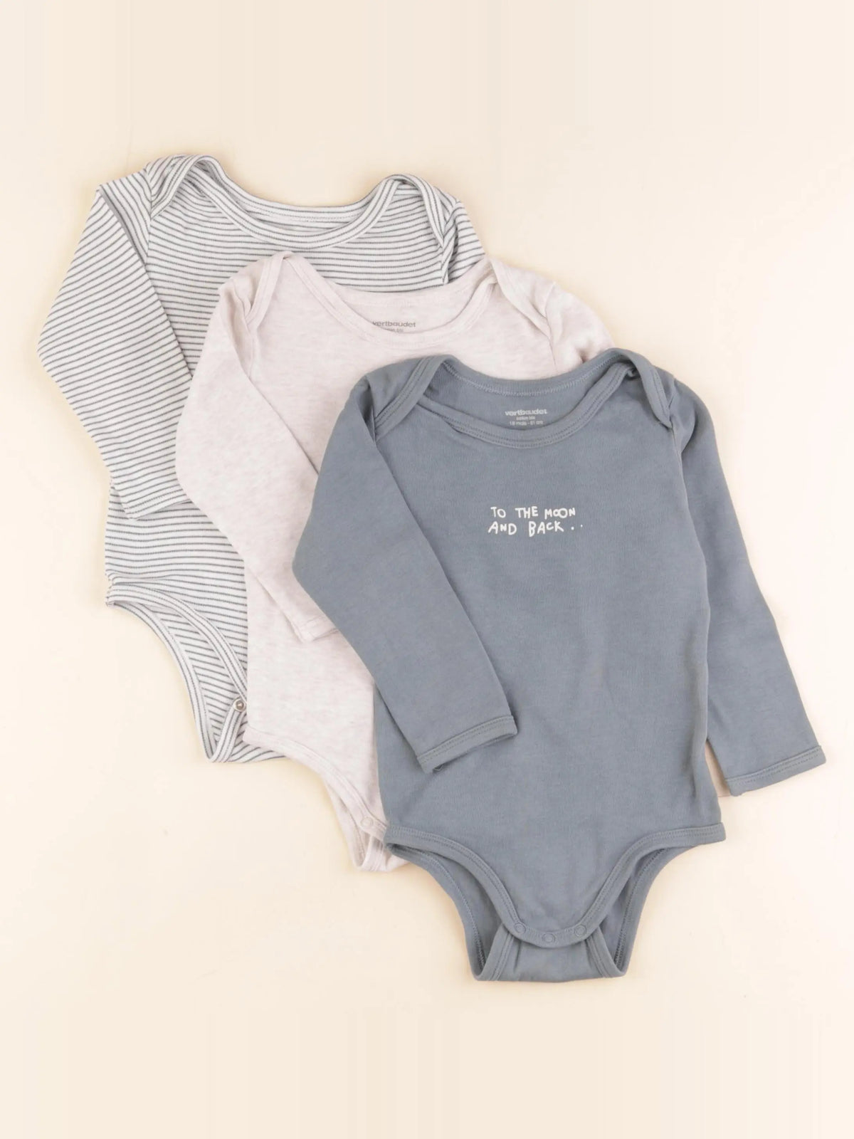 Vertbaudet - lot de 3 bodies en coton beige, bleu, gris - 18 mois