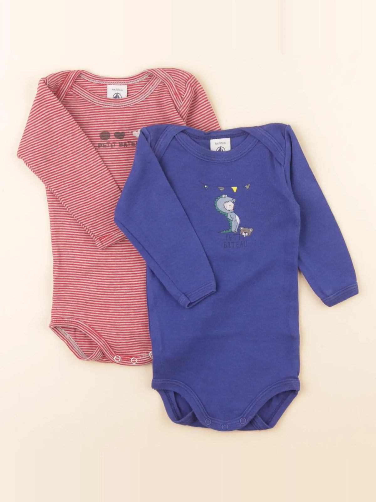 Petit Bateau - lot de 2 bodies en coton bleu, rouge - 6 mois