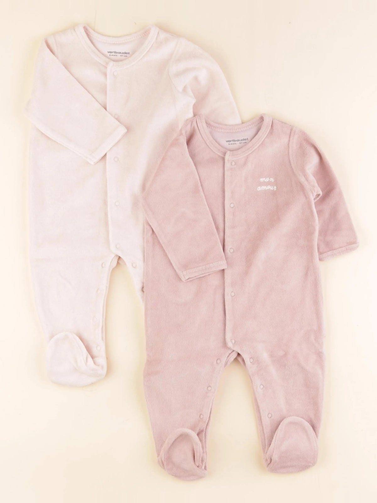 Vertbaudet - lot de 2 pyjamas velours rose - 6 mois