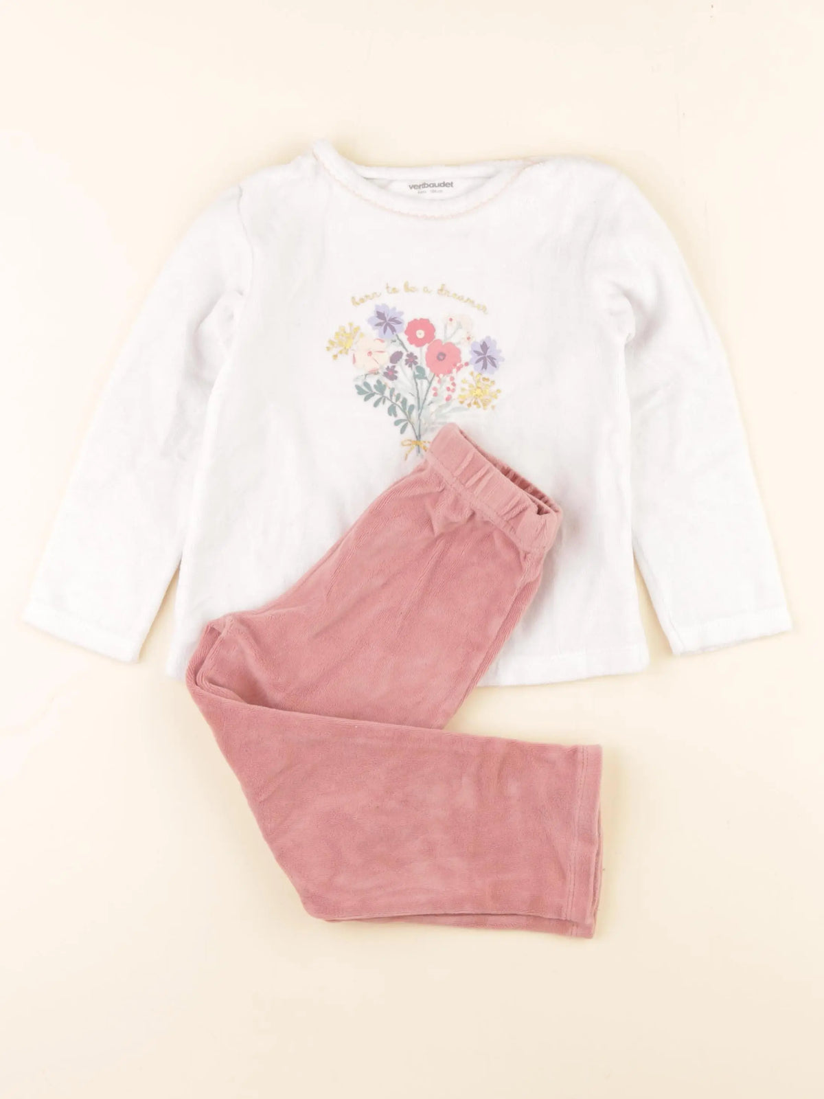 Vertbaudet - pyjama velours rose, blanc - 4 ans