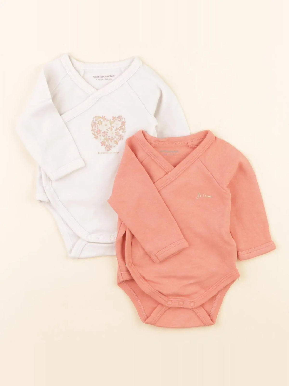 Vertbaudet - lot de 2 bodies en coton beige, rose - 1 mois