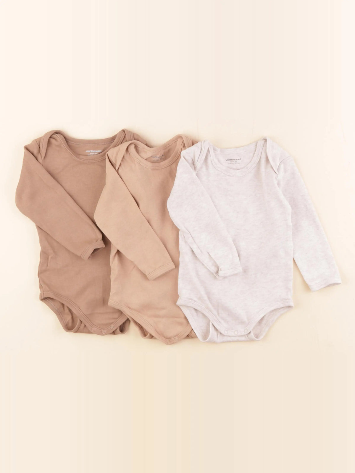 Vertbaudet - lot de 3 bodies en coton beige, marron - 18 mois