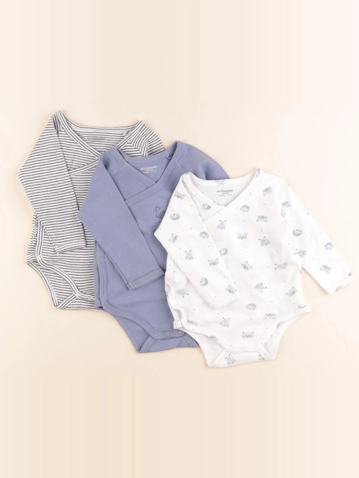 Vertbaudet - lot de 3 bodies en coton blanc, bleu - 9 mois