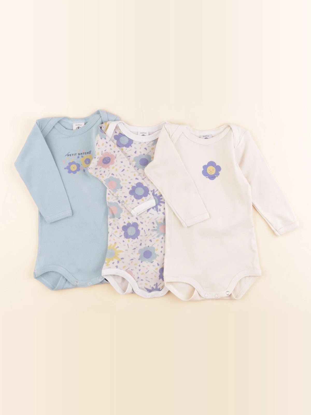 Petit Bateau - lot de 3 bodies en coton beige, bleu - 6 mois