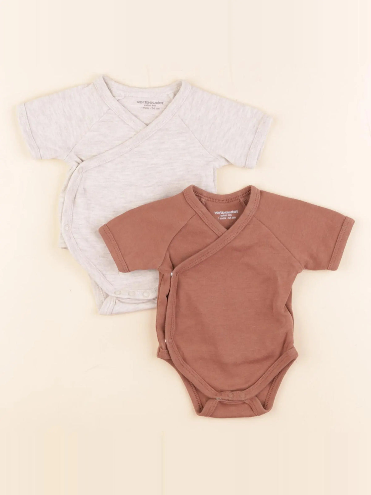 Vertbaudet - lot de 2 bodies en coton beige, marron - 1 mois