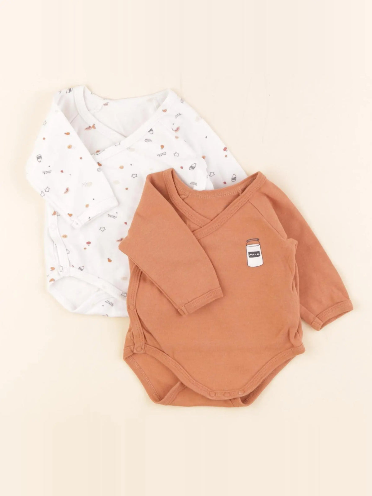 Vertbaudet - lot de 2 bodies en coton marron, beige - 3 mois